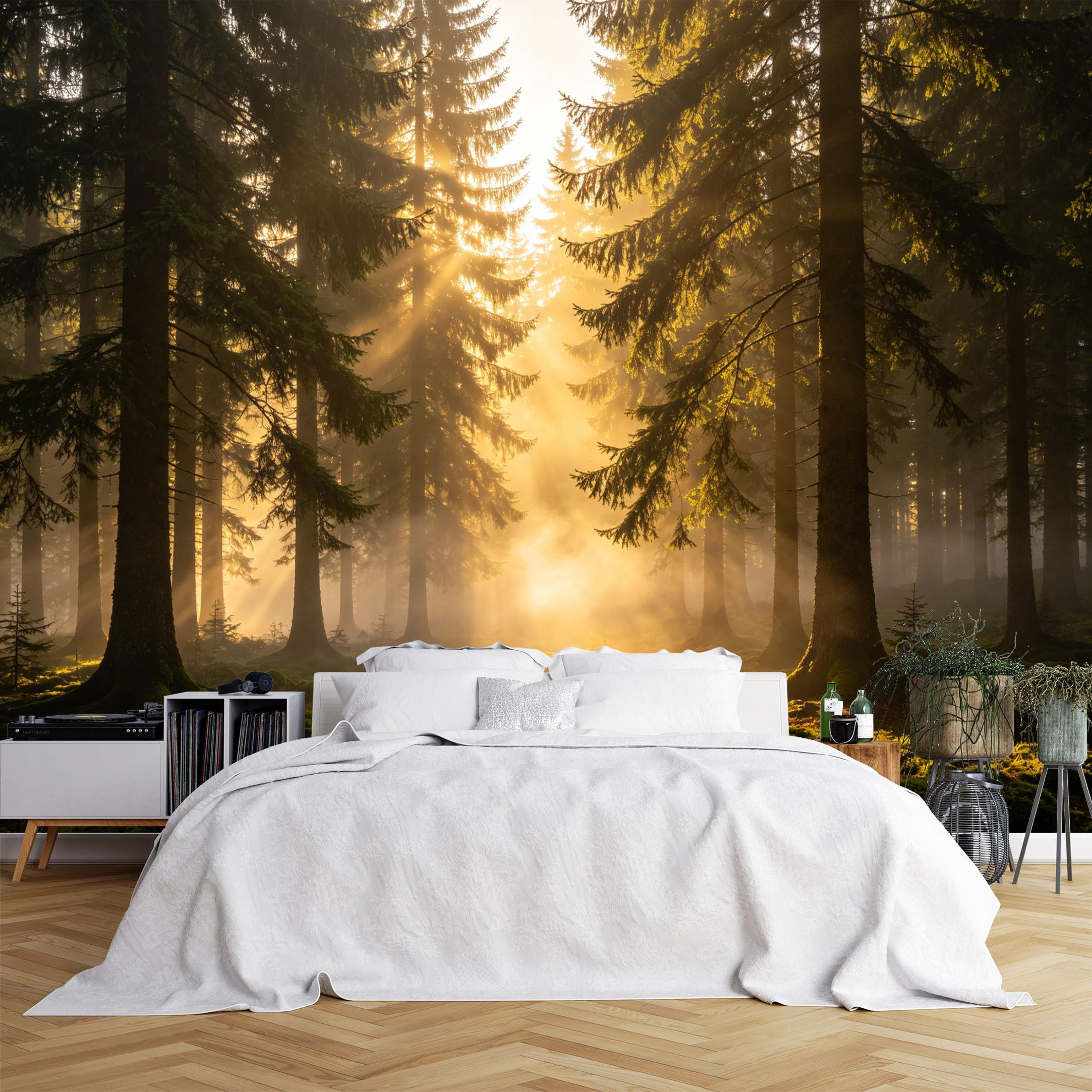 Custom Size Wall Murals Sunlit Misty Pine Forest with Sunbeams Wall Murals Nature View Wallpaper, Wall Covering Fabric Self-Adhesive Removable Wallpaper for Living Room