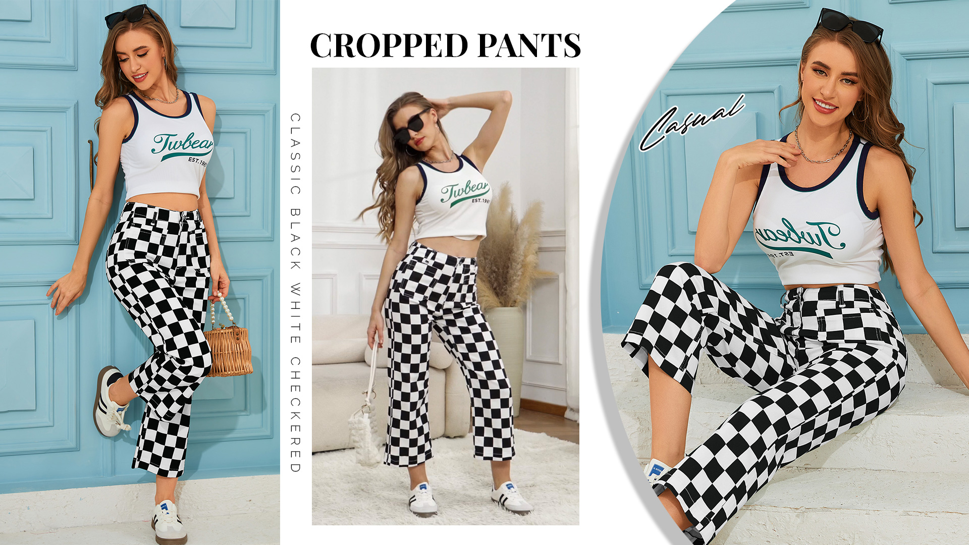 Odefou Cropped Jeans for Women Checkered Pants Casual High Waisted
