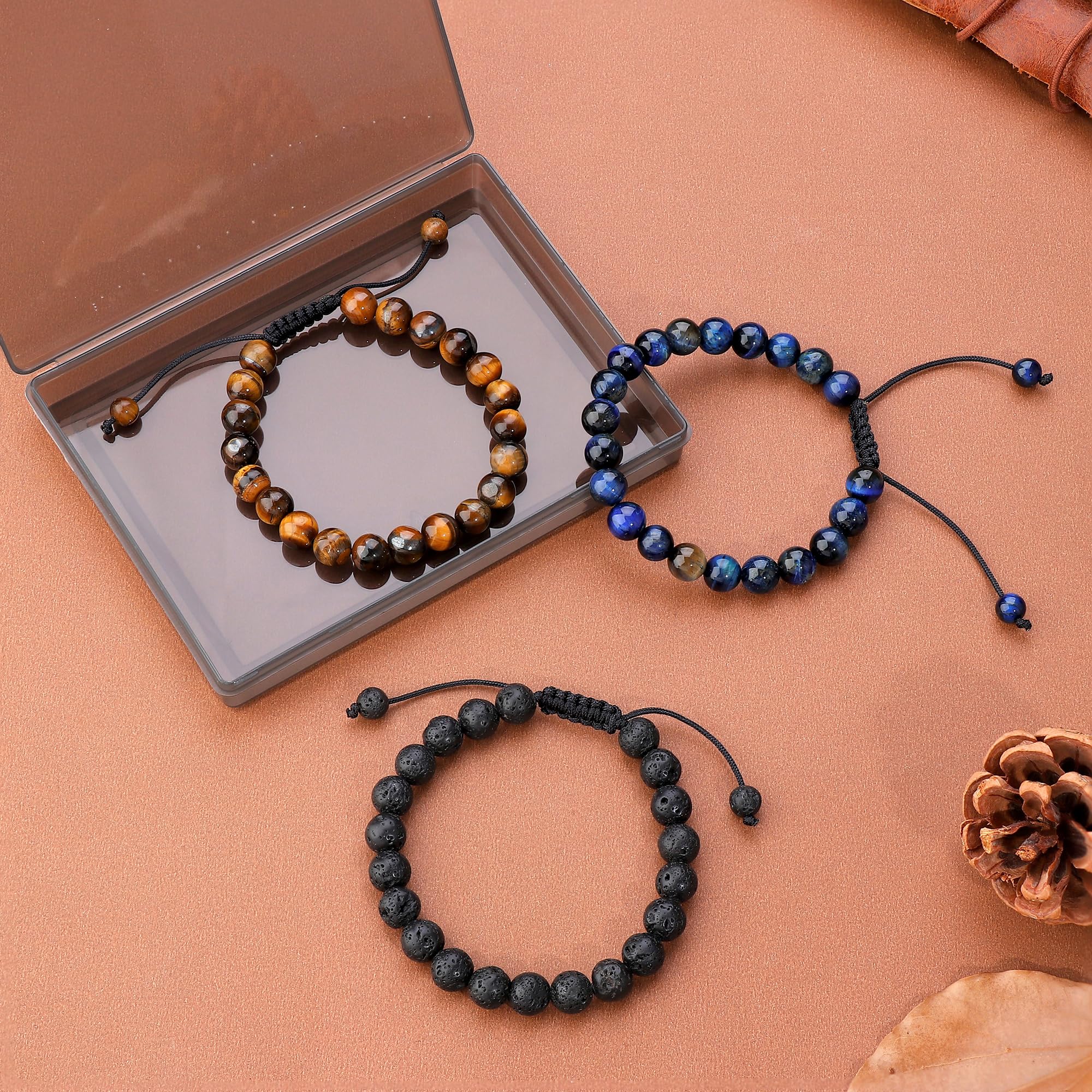 ADRAMATA Bracciale Uomo Bracciale Pietre Naturali 8MM Pietra Ossidiana Bracciale Occhio di Tigre Braccialetti con Perline Regolabili Set di Bracciali Uomo Fatto a Mano Gioielli Uomo Regali per Uomo