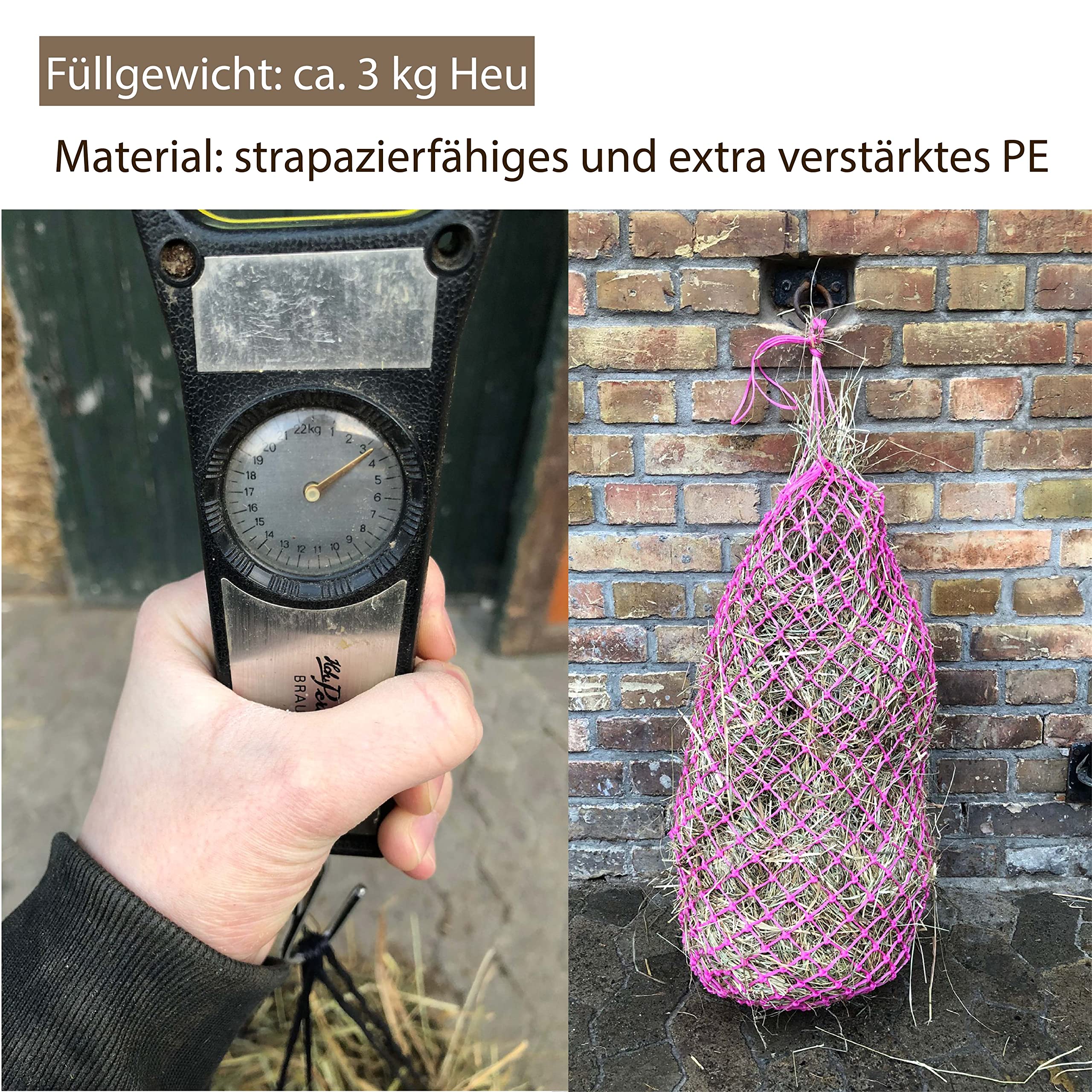 Rete per fieno per cavalli, a maglie strette, larghezza maglia 3 x 3 cm, peso di riempimento 3-4 kg (2 rosa)