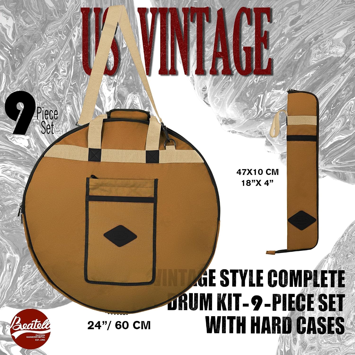 9-Piece Professional Drum Bag Set, Vintage Slub Cotton Padded Drum Case for 10/12/13" Toms, 14" Snare, 16" Floor Tom, 22x18" Bass Drum, Includes 24" Cymbal Bag, Hardware & Stick Bags(Brown)