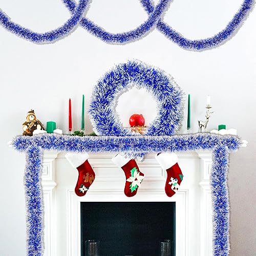 Miniatura 5 de Guirnalda de oropel de Navidad azul de 50 pies para decoraciones de árbol de Navidad, guirnalda colgante brillante metálica retorcida de Navidad