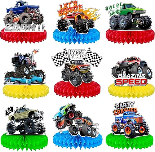 Neasyth 9 piezas de decoraciones de cumpleaños de camiones, suministros de fiesta de camión, centros de mesa de panal de abeja, decoración de