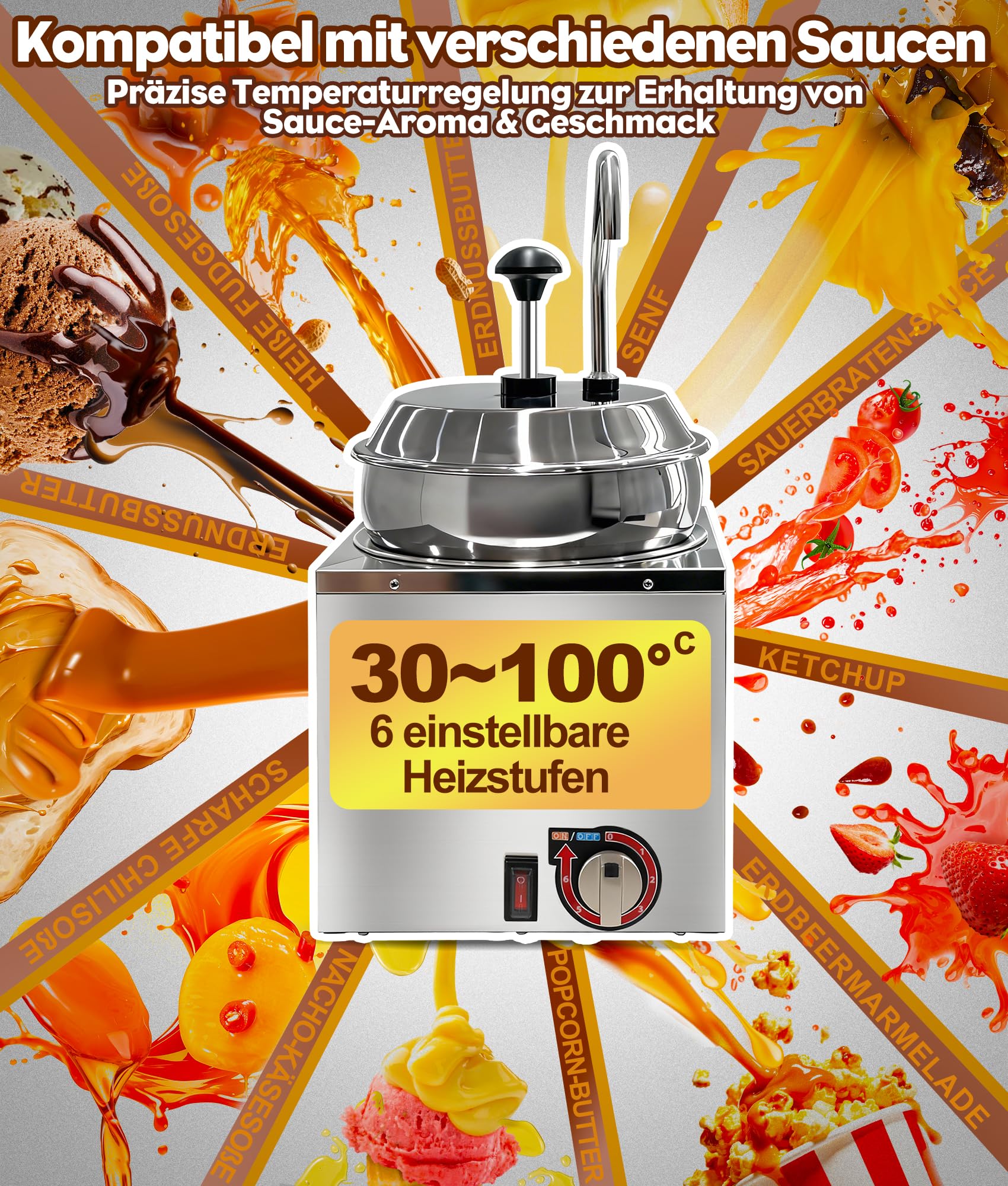 Distributore di salse in acciaio inossidabile da 7L con funzione di riscaldamento, pompa distributrice di salse elettrica in acciaio inossidabile con 6 livelli di temperatura & pompa rotante a 360°