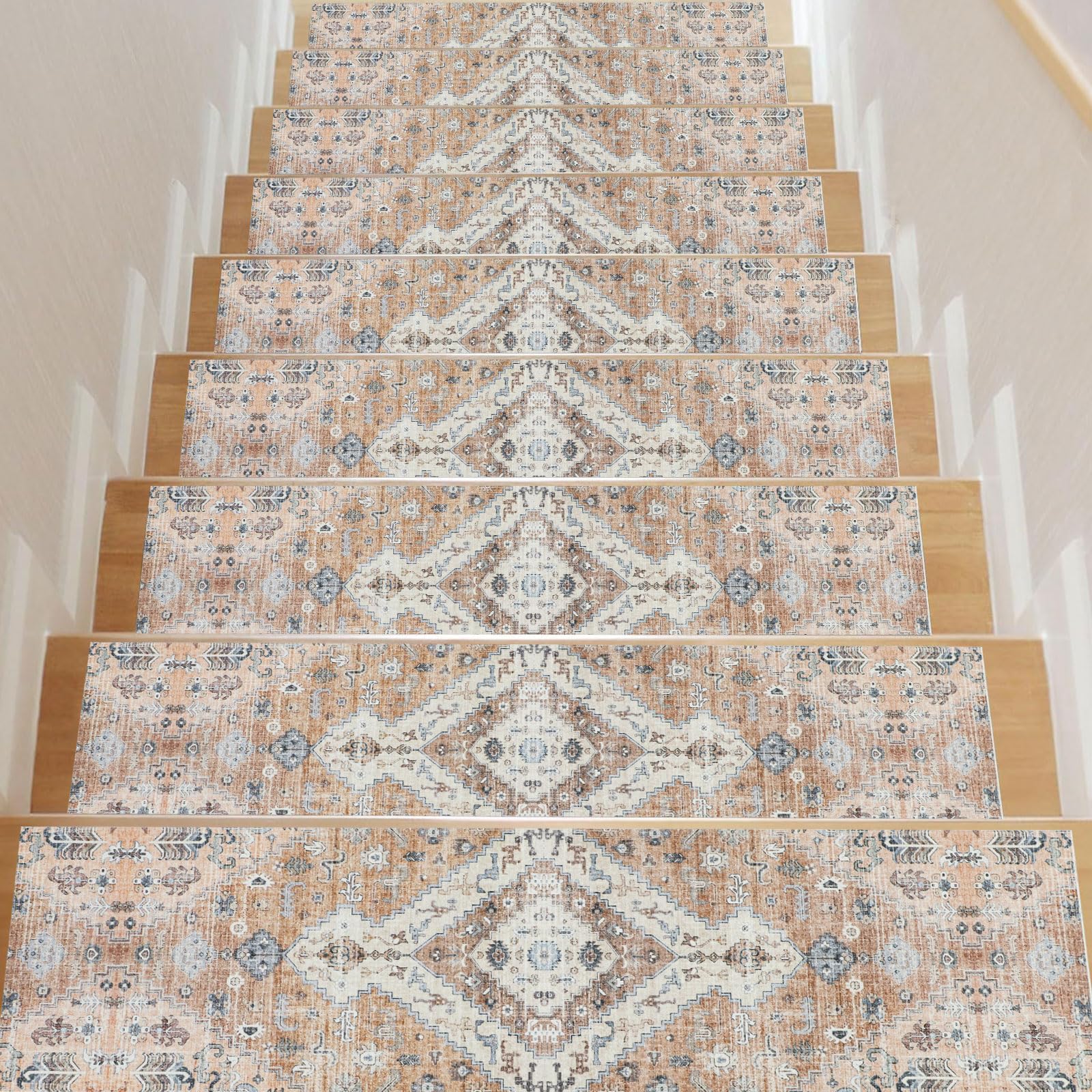 Homcomodar 15PCS Tapis Escalier Antidérapant 76x20cm Vintage Tapis de Marchettes d'Escalier Lavable Tapis d'Escalier Intérieur Para Animaux de Compagnie des Enfants Orange