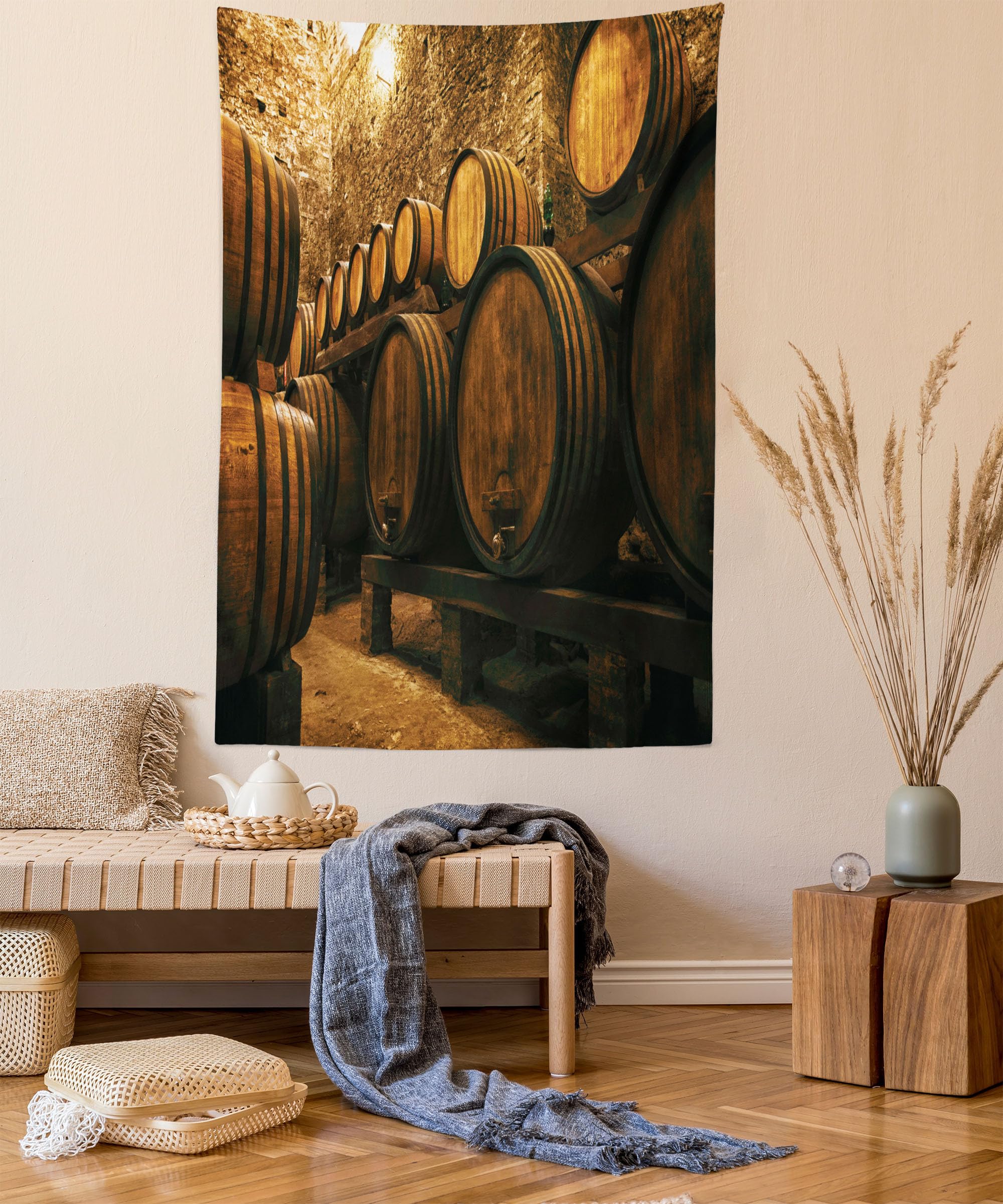 Lunarable Winery Tapestry Twin Size, Barrels for Storage of Wine Italy Oak Container in Cold Dark Underground Cellar, Wall Hanging Bedspread Bed Cover Wall Decor, 68" X 88", Apricot Brown