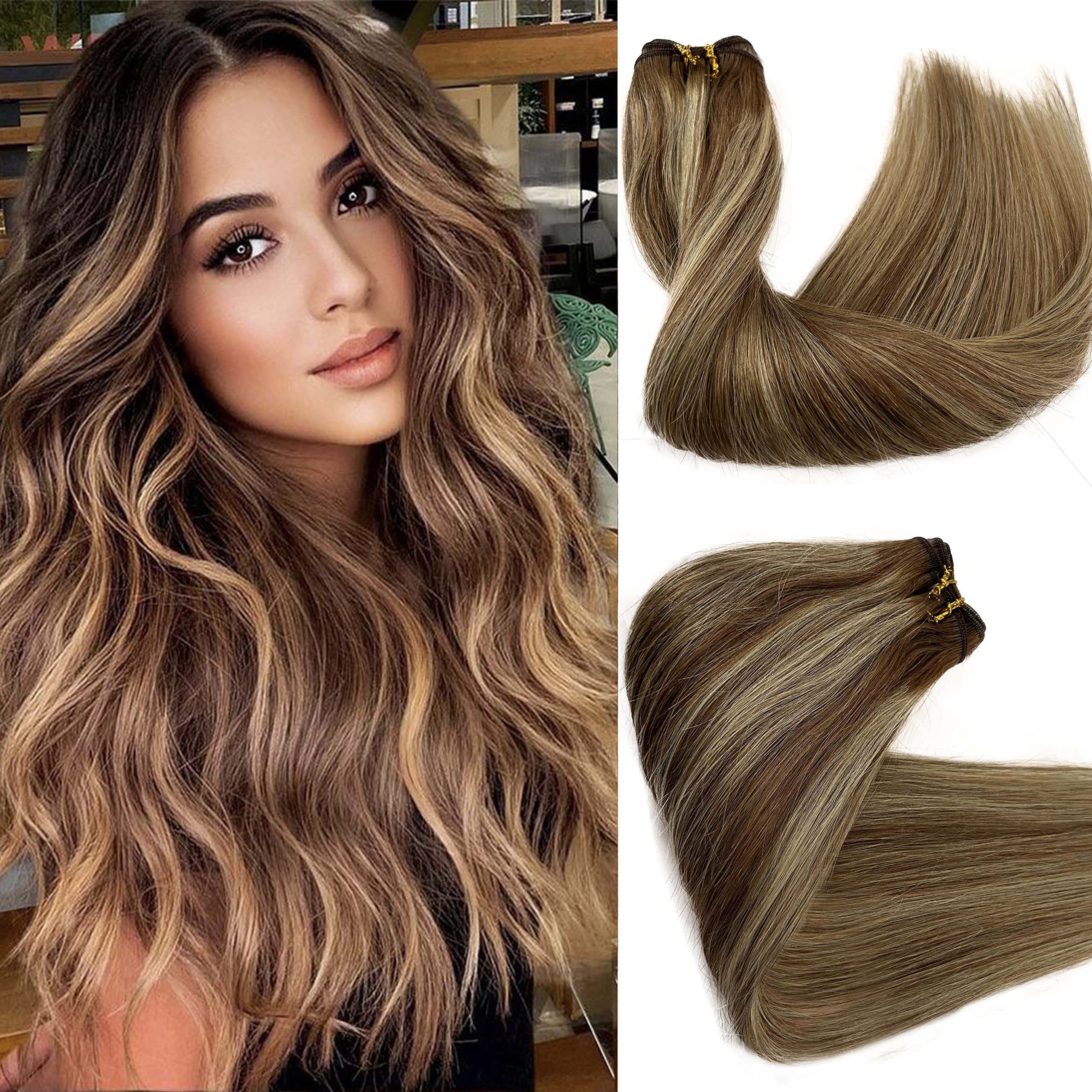 Hand Tied Sew in Hair Extensions Highlight Blonde Hair Extensions Sew in Weft Human Hair Ombre Balayage Light Brown Fading to Ash Blonde Mix Blonde