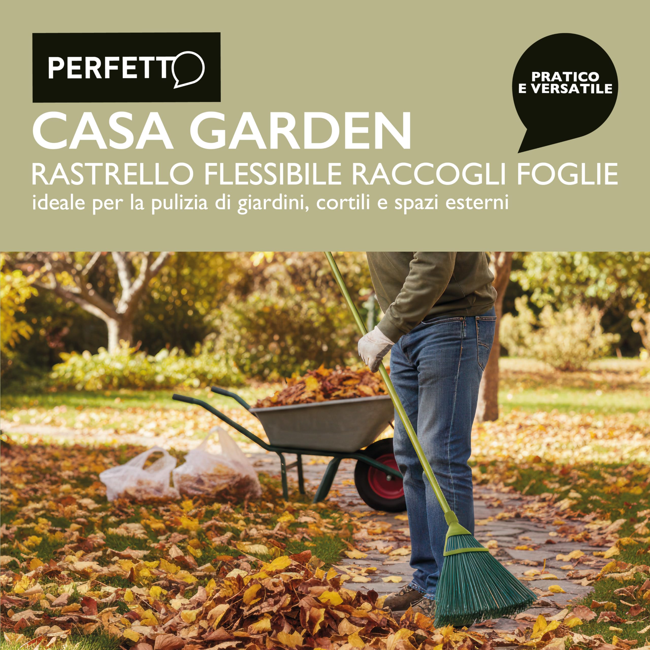 Perfetto - Casa Garden - Scopa Rastrello Flessibile - Raccolta Foglie e Detriti per Giardino. Cm 42.