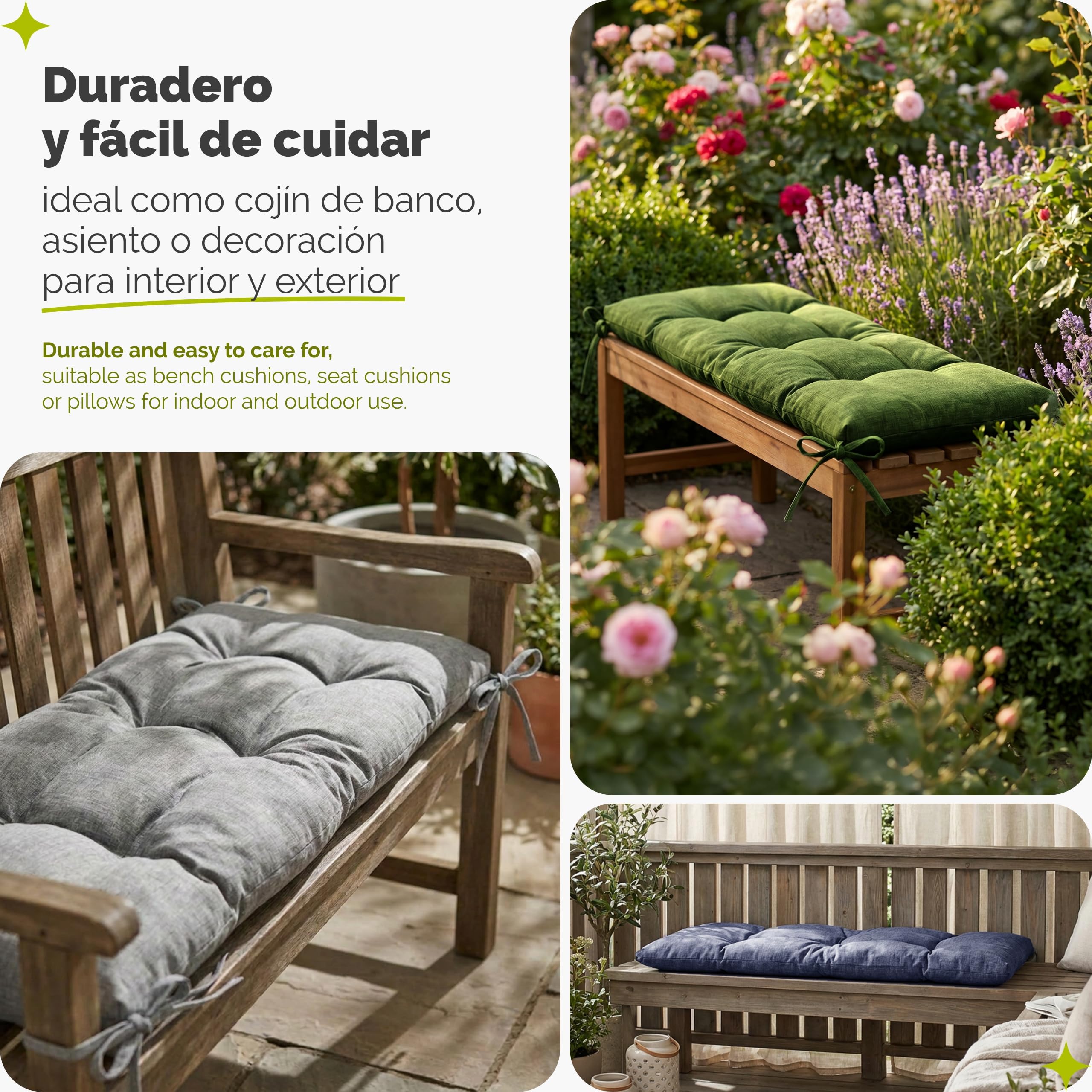 Garronda Cojín Impermeable para Banco 140x50 cm Aprox 10 cm Grosor Asiento Exterior para Banco de jardín y Columpio Acolchado Resistente UV con Cintas Grafito GD-0219