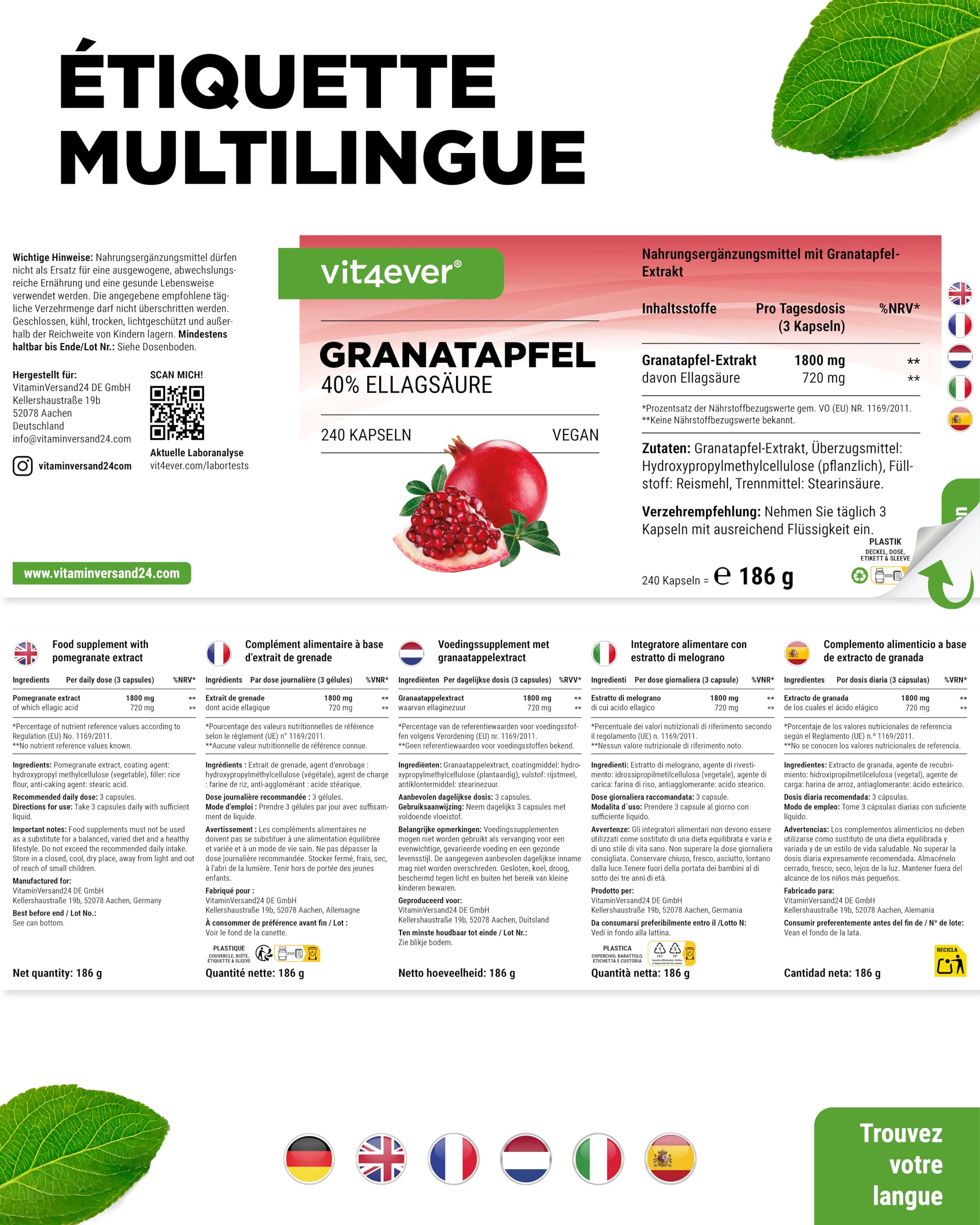 Extrait de Grenade - 240 gélules végétaliennes - Extrait naturel de première qualité avec 40% d'acide ellagique - Hautement dosé - Végétalien