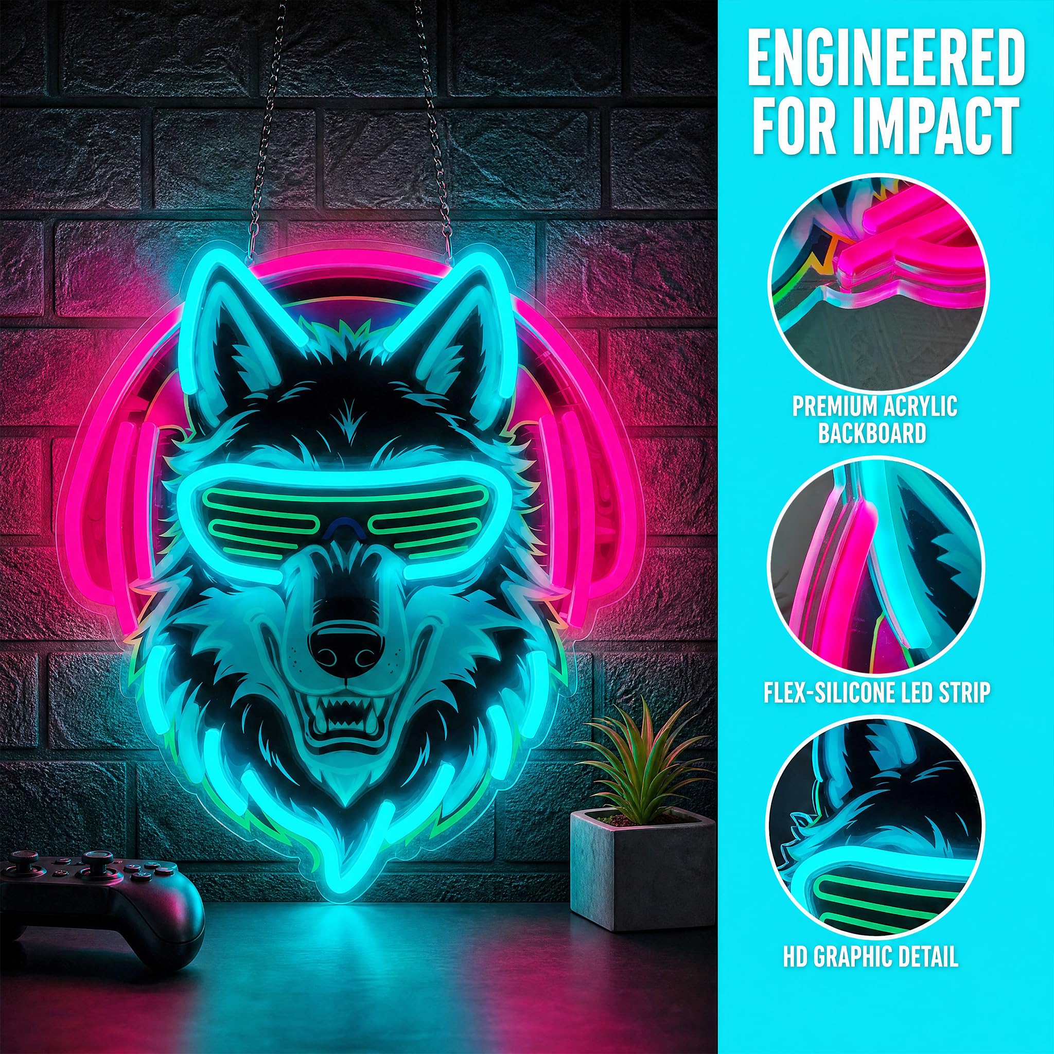 Wolf Neonschild, 36,6 x 32 cm, dimmbar, LED-Wolf-Neonlicht mit Kopfhörern und Sonnenbrille, USB-betriebenes Gaming-Neon-Wanddekor mit 10 Helligkeitsstufen, rosa & eisblau, Neonschild für Spielzimmer
