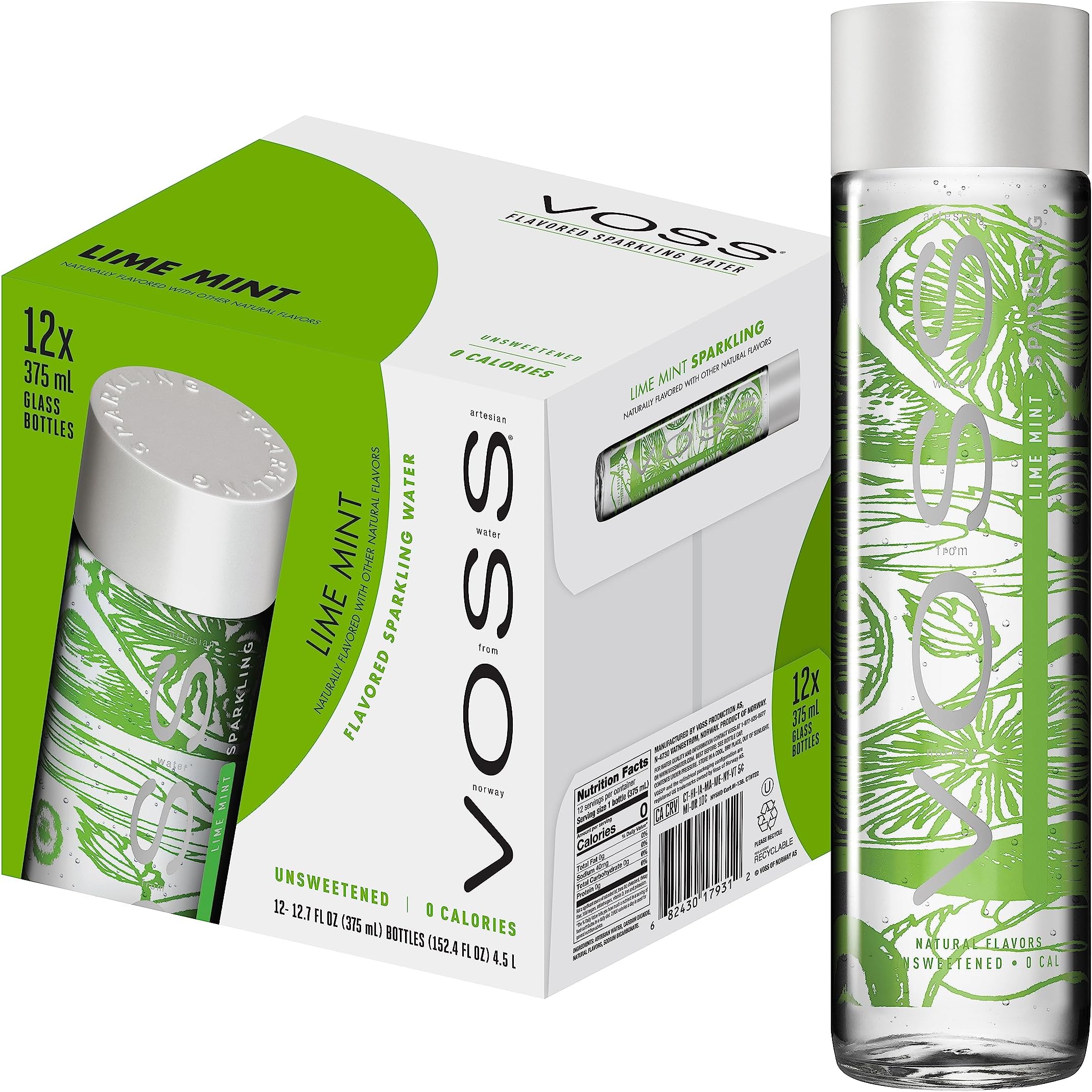 VOSS Water Lime Mint 375 ml, Natural Fruity Flavour, Pack of 12 (Disposable, 12 x 375 ml)