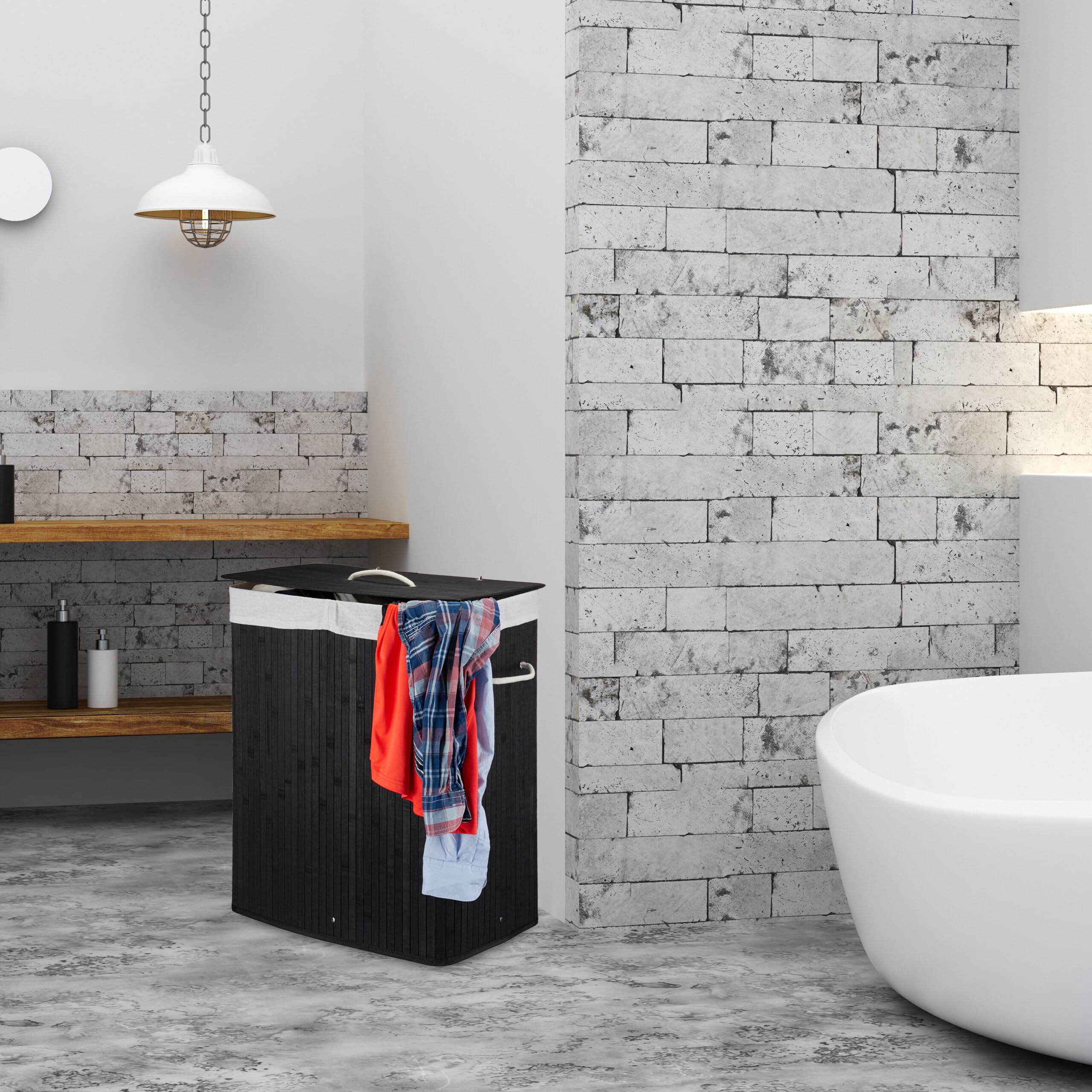 Relaxdays Cesto Biancheria con Coperchio, bambù, 80 l, Pieghevole, HxLxP: 60 x 40 x 30 cm, Nero