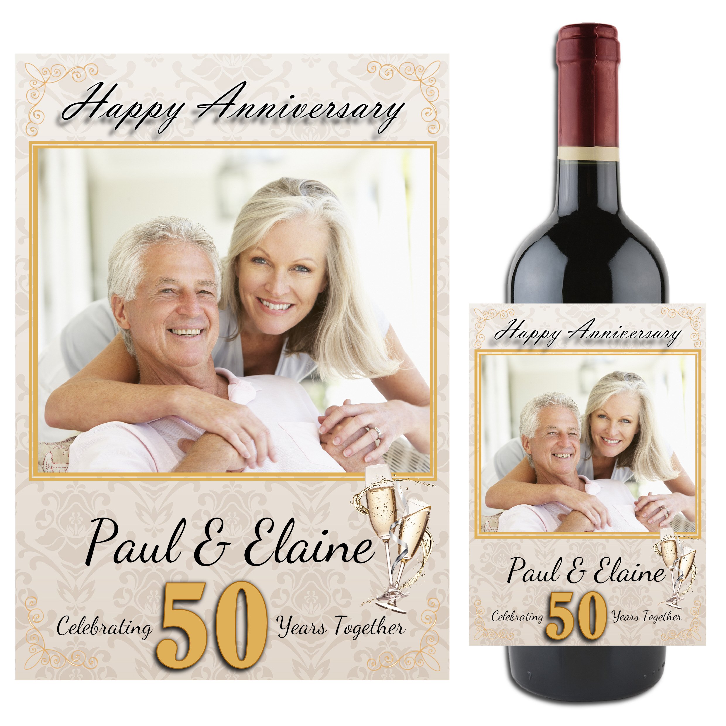 Personalised Golden 50th Wedding Anniversary Wine/Champagne Bottle Photo Label Gift Present Idea N101