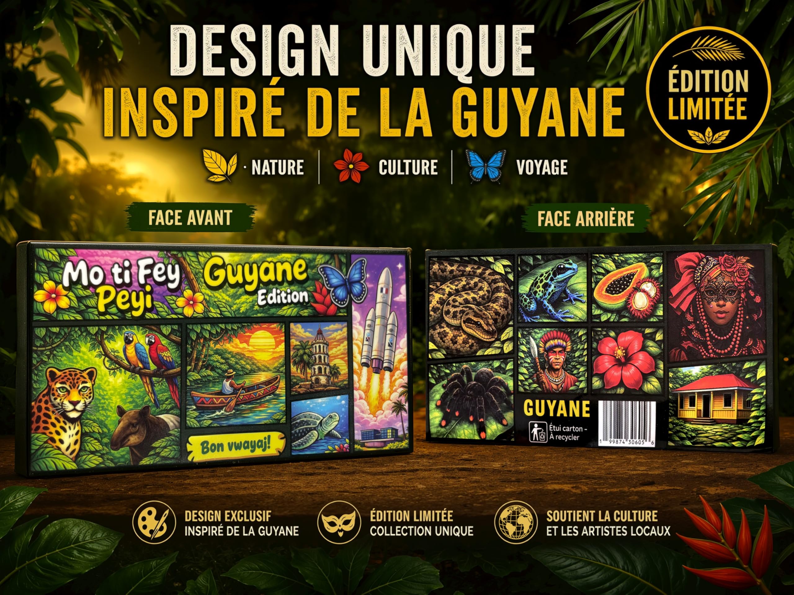Feuilles à Rouler Slim en Chanvre Naturel – Boite de 15Carnets x 32Feuilles + Tips + Grinder + Plateau – Pack Complet 4-en-1 Premium – Édition Guyane Amazonie - Mo Ti Fey Péyi