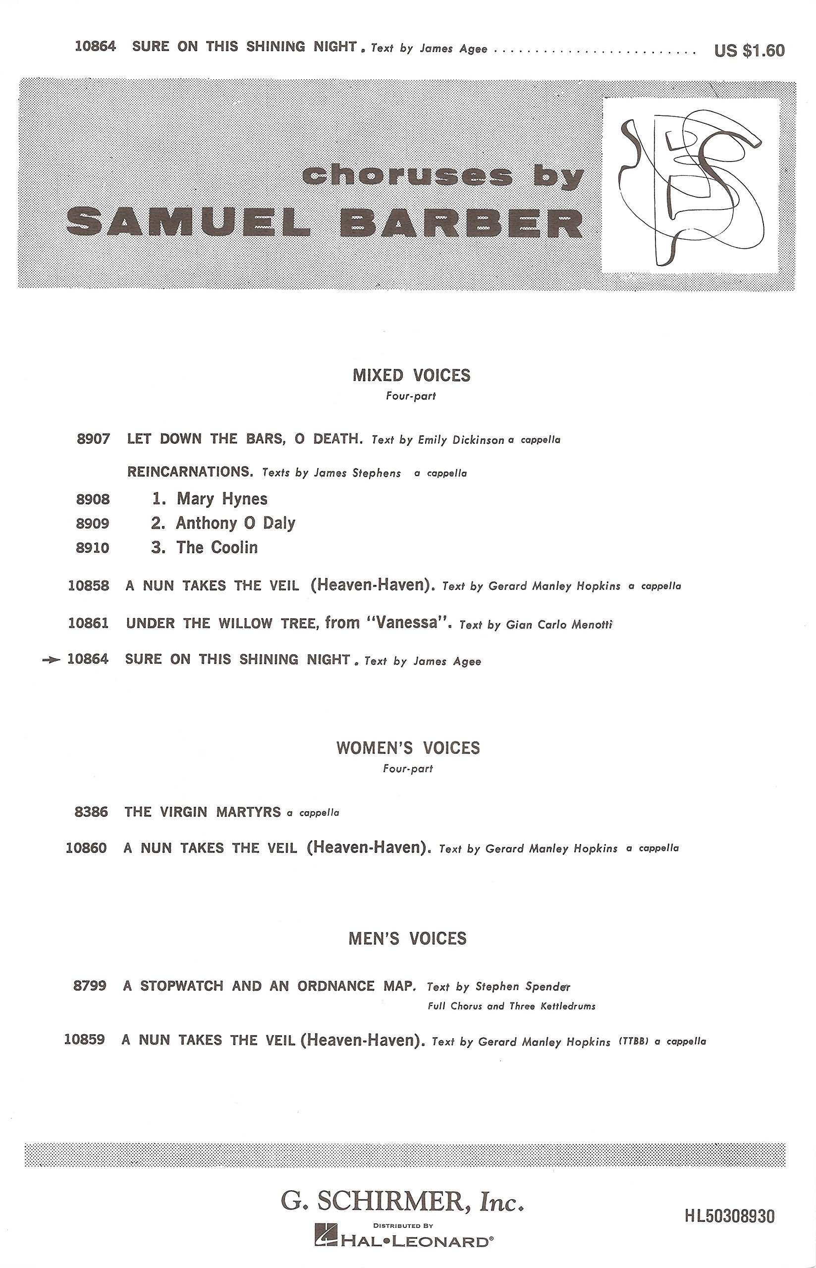 Samuel Barber: Sure On This Shining Night (SATB) - Sheet Music