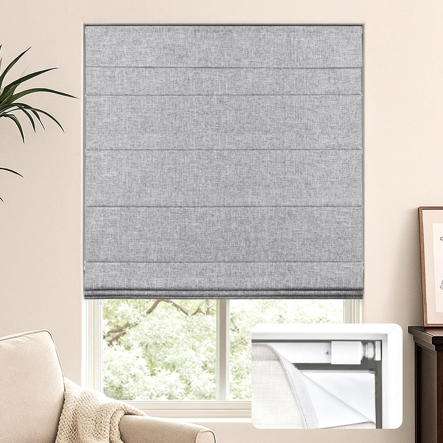 LazBlinds No Tools No Drill Cordless Roman Shades for Windows, Blackout Thermal Insulated UV Blocking Window Blinds, Lightweight Fabric Blinds for Indoor Windows, 30" W x 60" H, Blackout - Grey Grey 30" W x 60" H
