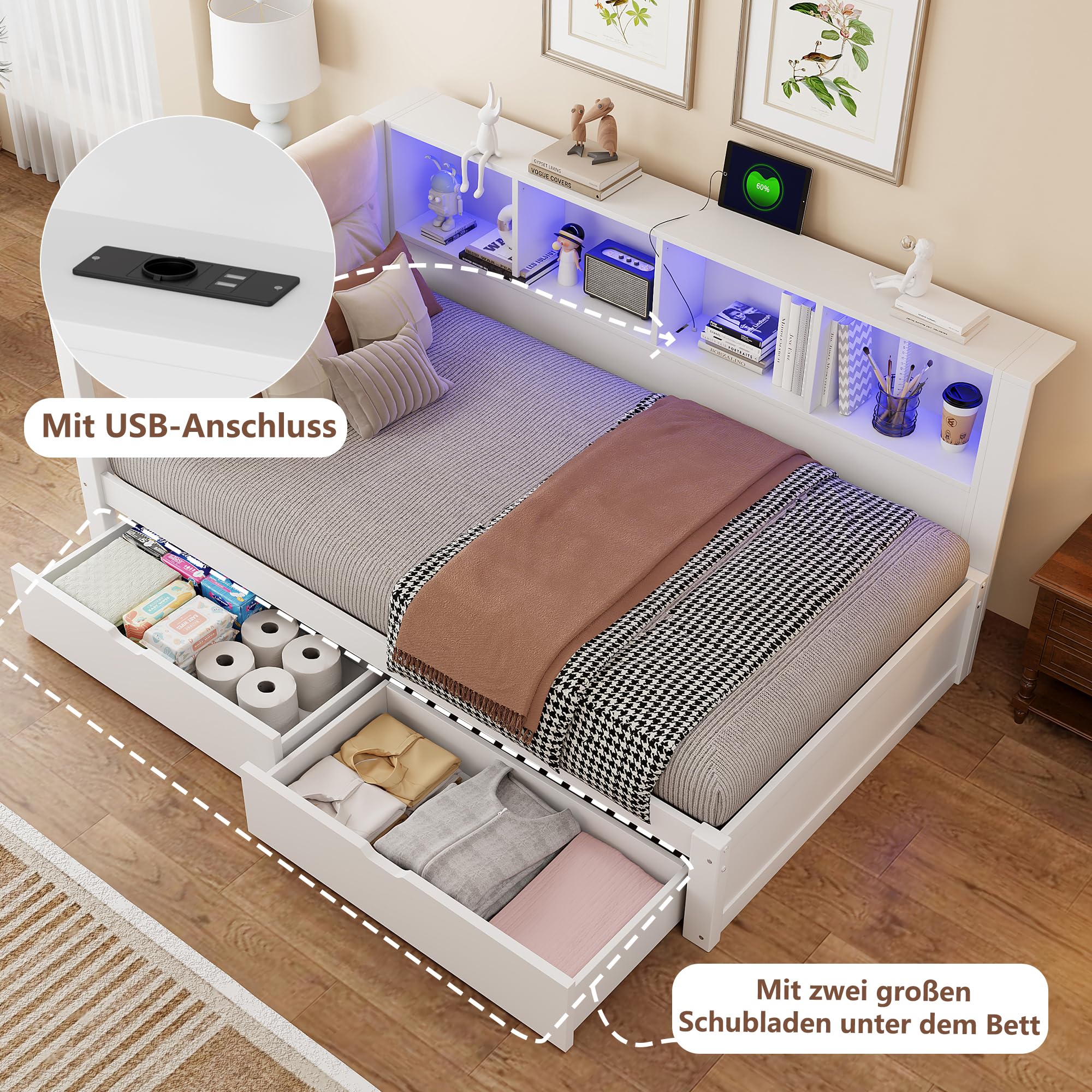 Schlafsofa 90 x 200 cm mit Schubladen, Tagesbett mit Dimmbarer LED-Leiste und USB-Anschluss, Praktischem Regal, Kiefernholz, Weiß (Ohne Matratze)