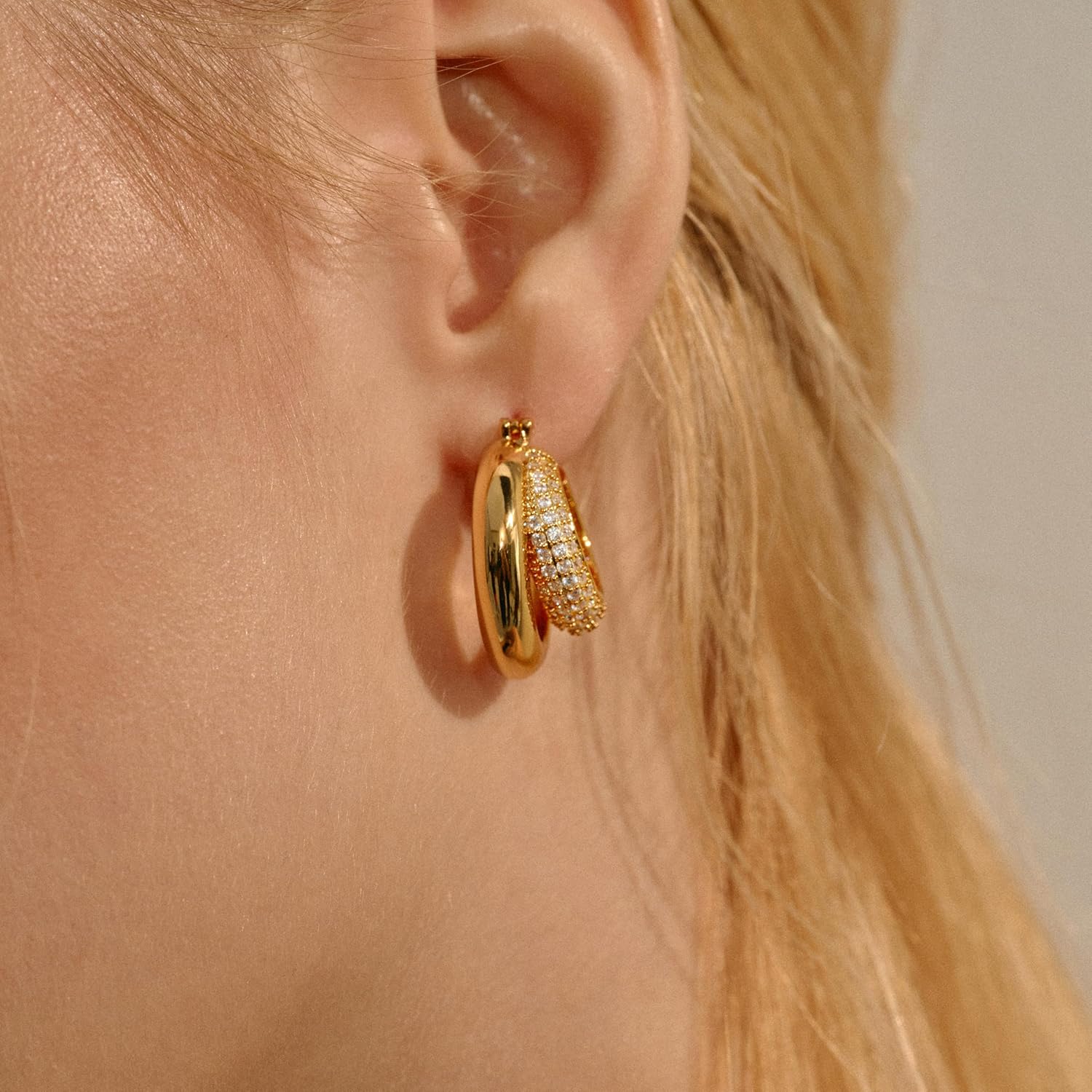 Double Hoop Earrings for Women, Cubic Zirconia Huggies 18K Gold Plated Thick Huggie Hoops Hypoallergenic Trendy Two Hoop Earring Styles Chunky Gold Hoop Earrings Gifts for Women - Image 3