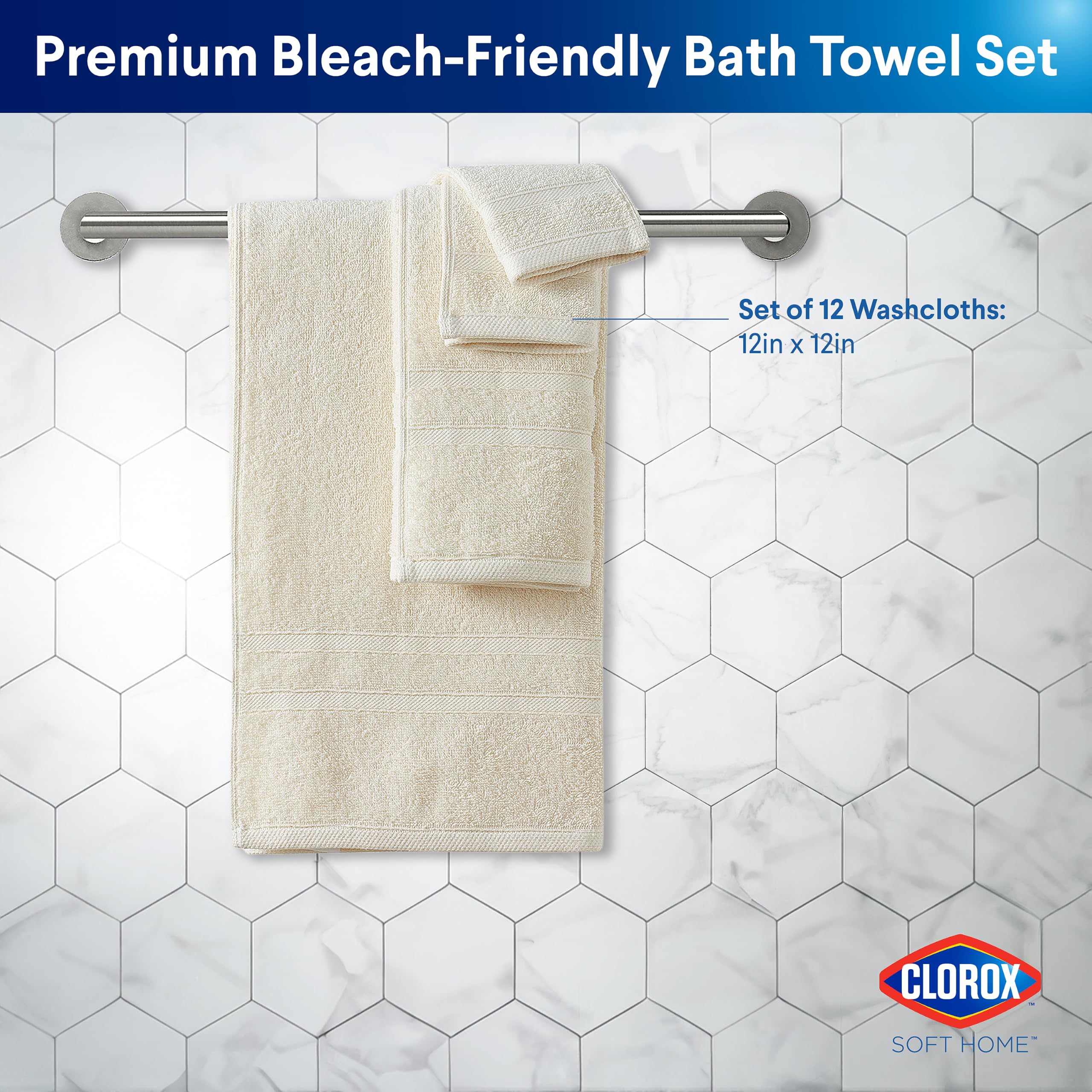Clorox Gants de toilette 100 % coton faciles à laver - Compatibles avec l'eau de Javel - Séchage rapide - 30,5 x 30,5 cm - Très absorbants, doux, légers, parfaits pour un usage quotidien, faciles à