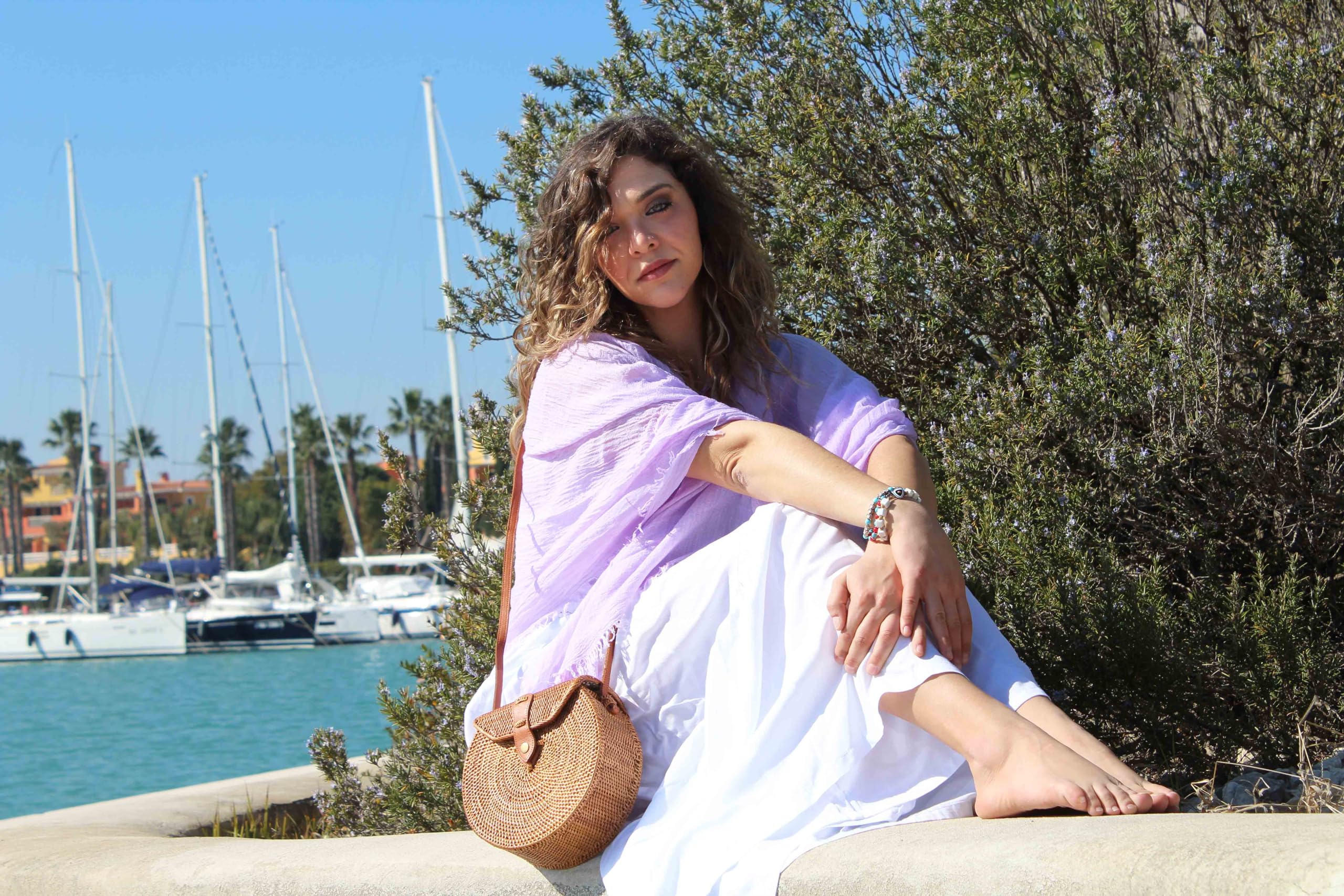 Borsa Paglia Donna Estiva in Midollino con Intreccio in Rattan - Borsetta Tonda con Cinturino Lungo - Interno in Cotone - Borsa Primavera Estate 2024 (Tracolla)