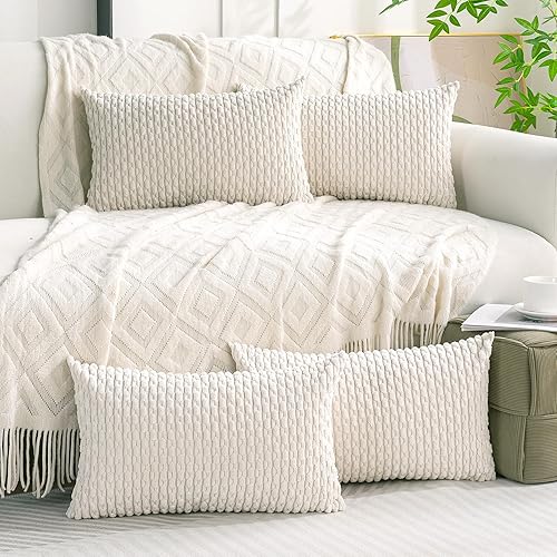 Miniatura 2 de Cozoomy Juego de 4 fundas de almohada decorativas de pana de 12 x 20 pulgadas, fundas de cojín suaves y esponjosas de color blanco crema para cama,