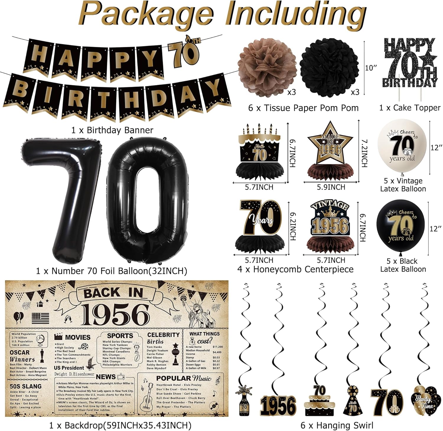 DARUNAXY 70th Birthday Party Decorations for Men Women, Vintage Back in 1956 Banner, Black 70 Number Balloons & Cake Topper, Vintage 1956 70 Birthday Honeycomb Hanging Swirl Confetti Balloons(30PC)