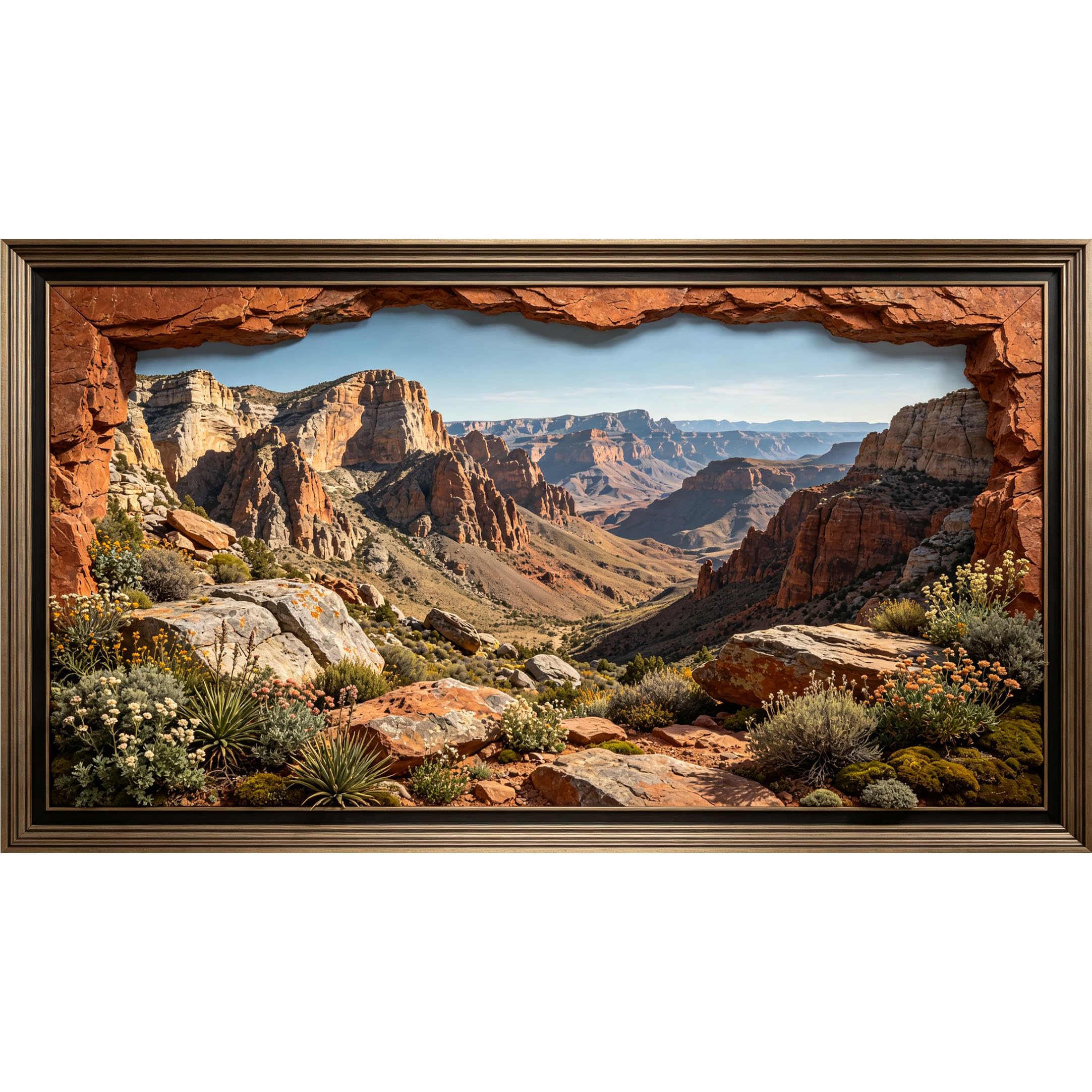 QZLITHOTIC 50x90cm3D Framed Wall Art， Desert Canyon Landscape Rocky Mountain View Self‑Adhesive Mural， Water‑Activated Peel & Stick Fabric Decor Wall Decal for Bedroom Living Room