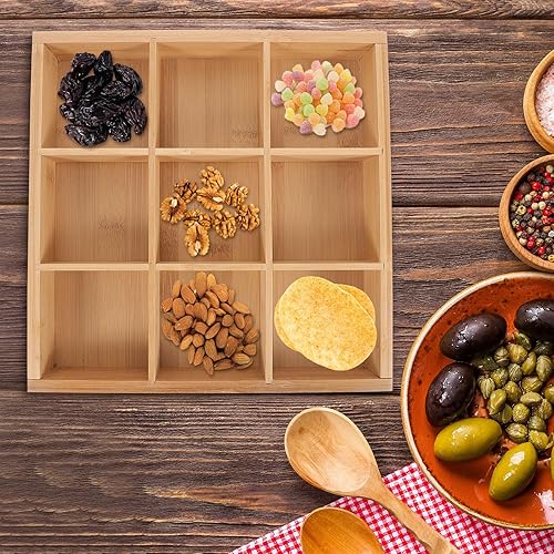 Miniatura 7 de Hemoton Bandeja de bambú con 9 compartimentos divididos, plato de comida para ollas calientes, bandeja de verduras, plato de frutas, organizador de