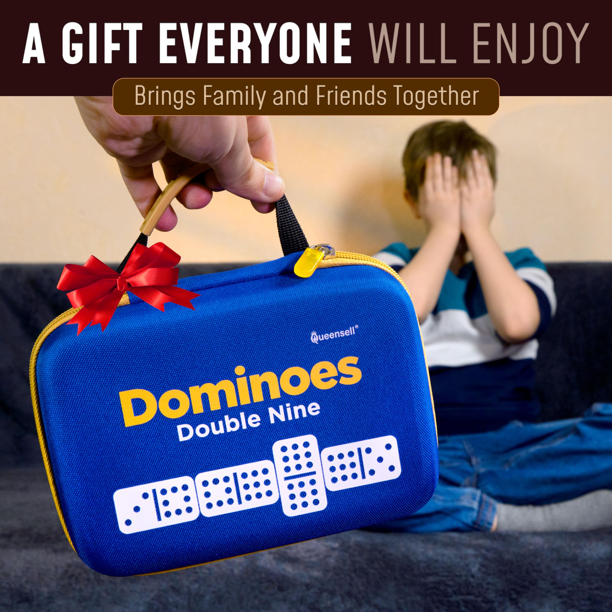 Queensell Jeu de Dominos Double 9 pour Adultes et Enfants avec Points Colorés – Ensemble Classique de Dominos avec 55 Pièces, Hub en Bois, Trains et Étui de Transport EVA