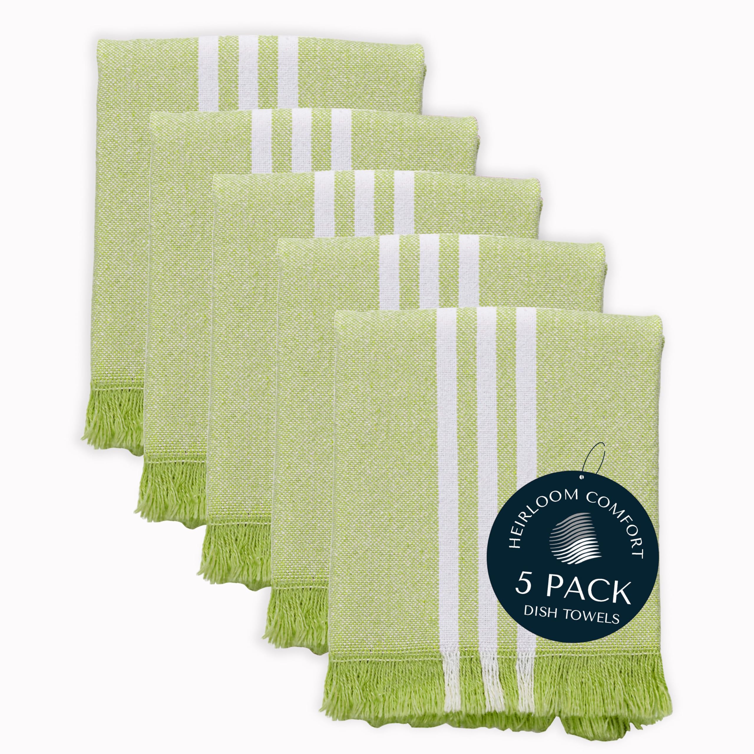 HEIRLOOM COMFORT 5 Pack Monochrome Stripe Kitchen Towels, Fringed Edges, 40x66 cm, 100% Cotton, Lint-Free, Absorbent & Washable Dish Towels for Drying Dishes, Everyday Kitchen Use, Lemon Green
