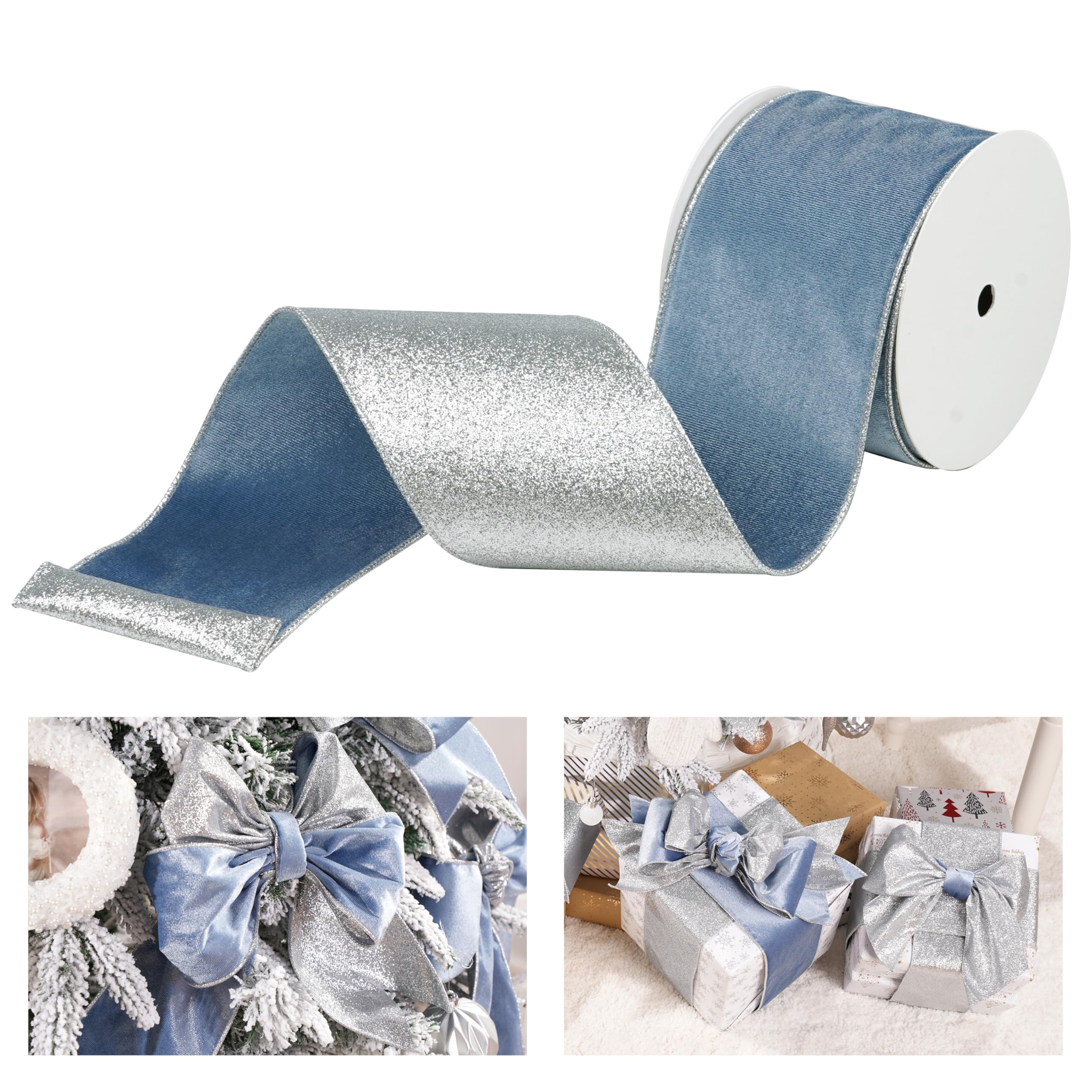 Amazon.com: LIZLOVESS Dusty Blue Velvet Wired Ribbon with Glitter