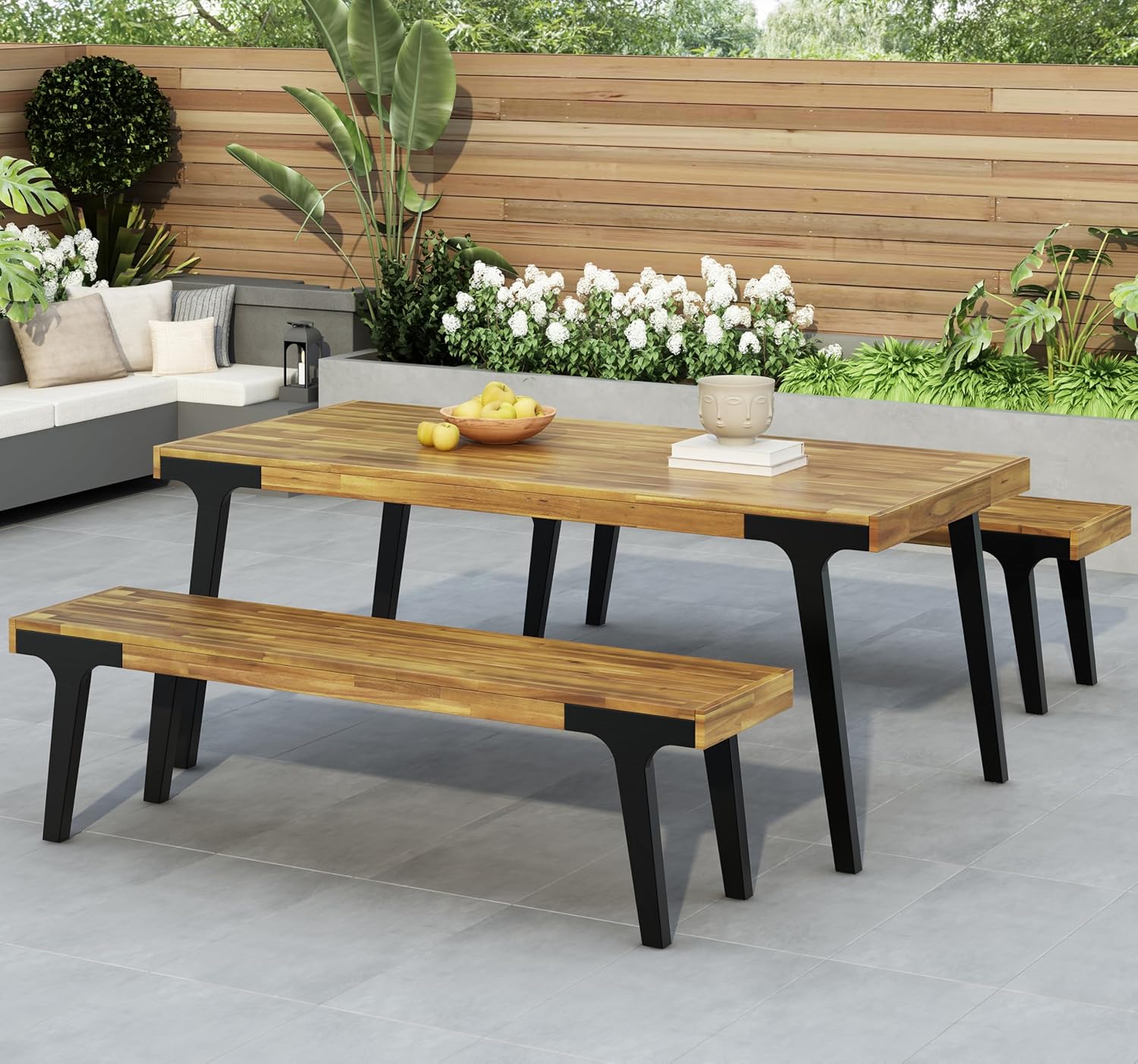 Christopher Knight Home 3 Piece Patio Dining Table,Acacia Wood Table Bench Dining Set,2 Wood Benches with 69” Large Dining Table,Industrial Style Dining Furniture Set for Outdoor Deck, Yard, Porch
