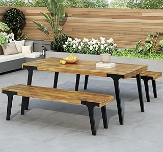 Christopher Knight Home 3 Piece Patio Dining Table,Acacia Wood Table Ben...