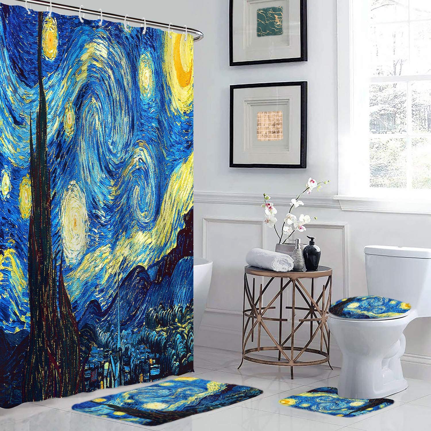 4 Pcs Starry Night Shower Curtain Sets with Non-Slip Rugs for Bathroom with 12 Hooks, Vincent Van Gogh Stars Art Decorative Long Cloth Fabric Shower Curtain Bath Decorations - 72Wx72L