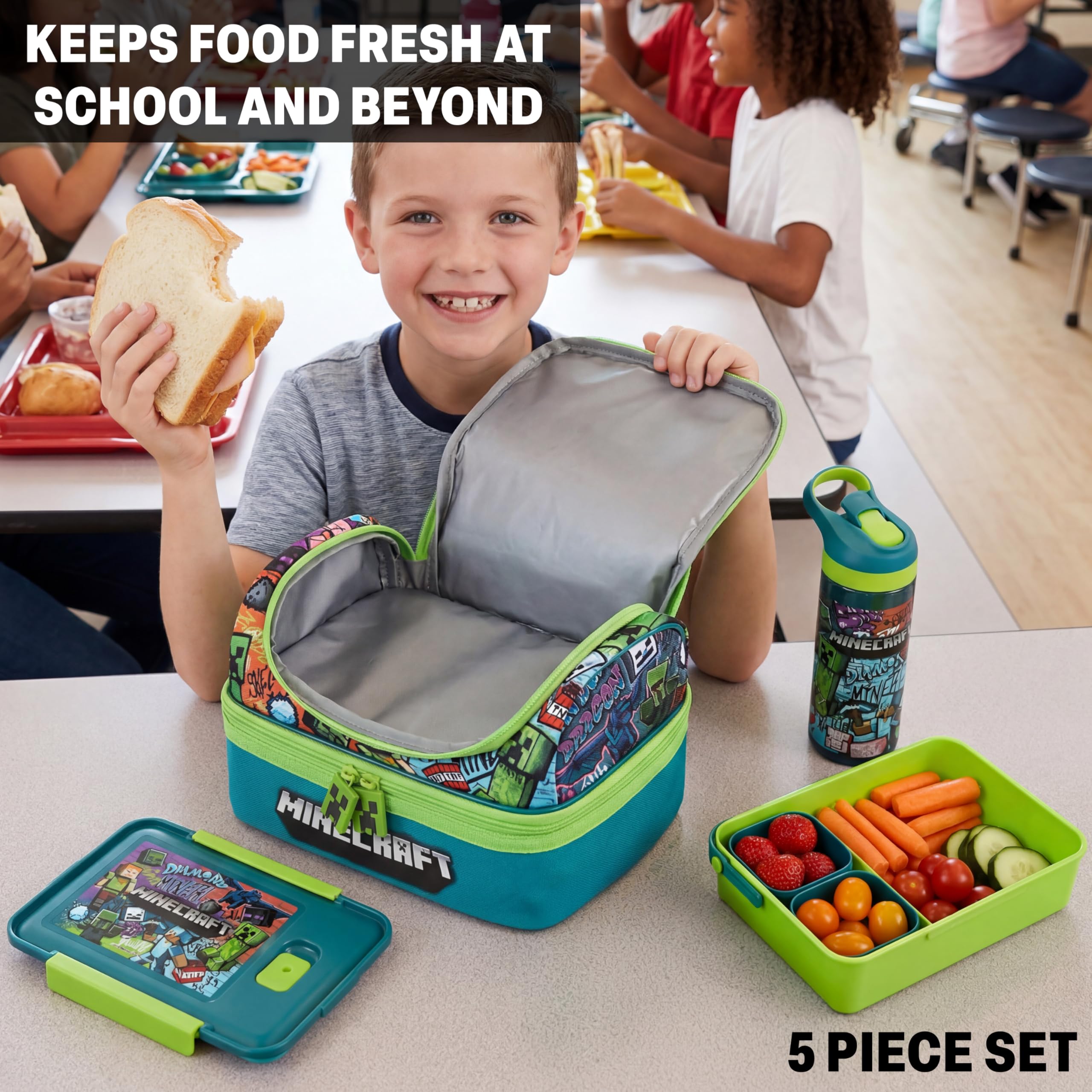 Get Trend Minecraft Sac Isotherme Repas Enfant Set, 3 Pcs Lunch Bag Isotherme, Bento Lunch Box et Sans BPA Gourde avec Paille, Avec Poigné et Fermeture Eclair, Cadeau Garcon (Multi Minecraft)