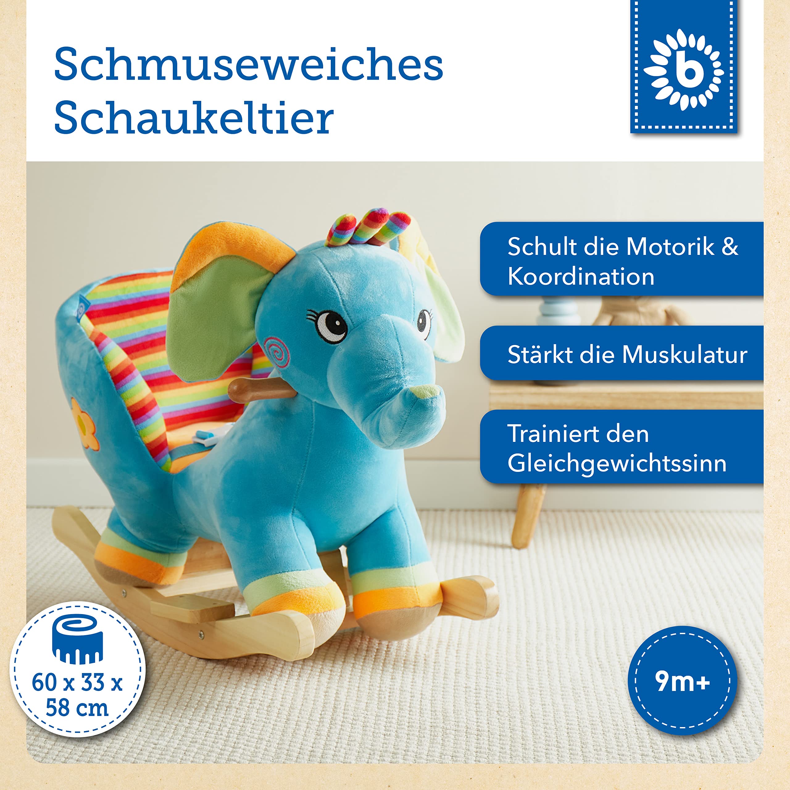 Bieco Plüsch Schaukeltier Elefant | Kinder Schaukelstuhl mit Sicherheitsgurt | Baby Schaukel | Schaukel Kleinkind | Schaukeltier Baby Zimmer | Schaukelwippe ab 9 Monate | Schaukelpferd Holz