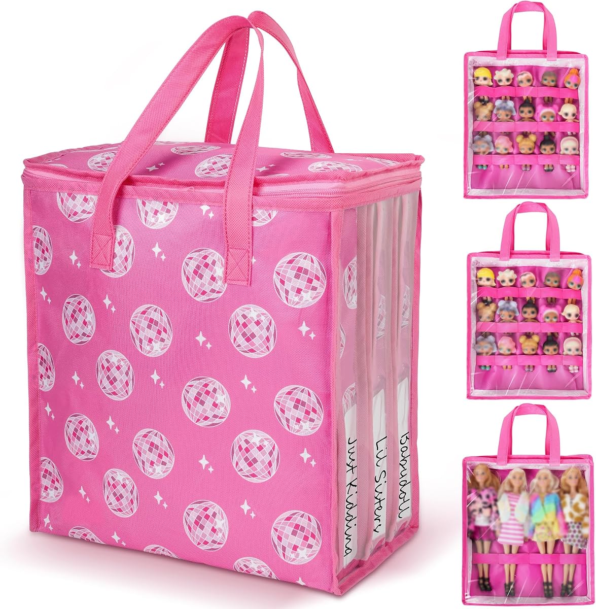 4 Pack Doll Storage Organizer Compatible with Barbie Dolls - 12-Inch & LOL Surprise Dolls, Portable Toy Storage Bags with Handles & Labels, Travel Carrying Case for Girls, Doll Accessories Organizer
