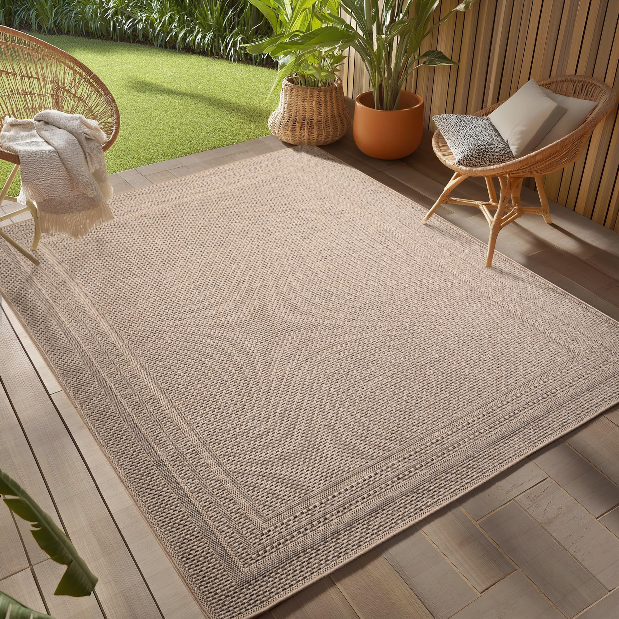 Teppium Tapis d'extérieur Beige 200x290 cm, résistant aux intempéries et aux UV, idéal pour la Cuisine, Le Balcon, la terrasse, Design uni avec Bordure