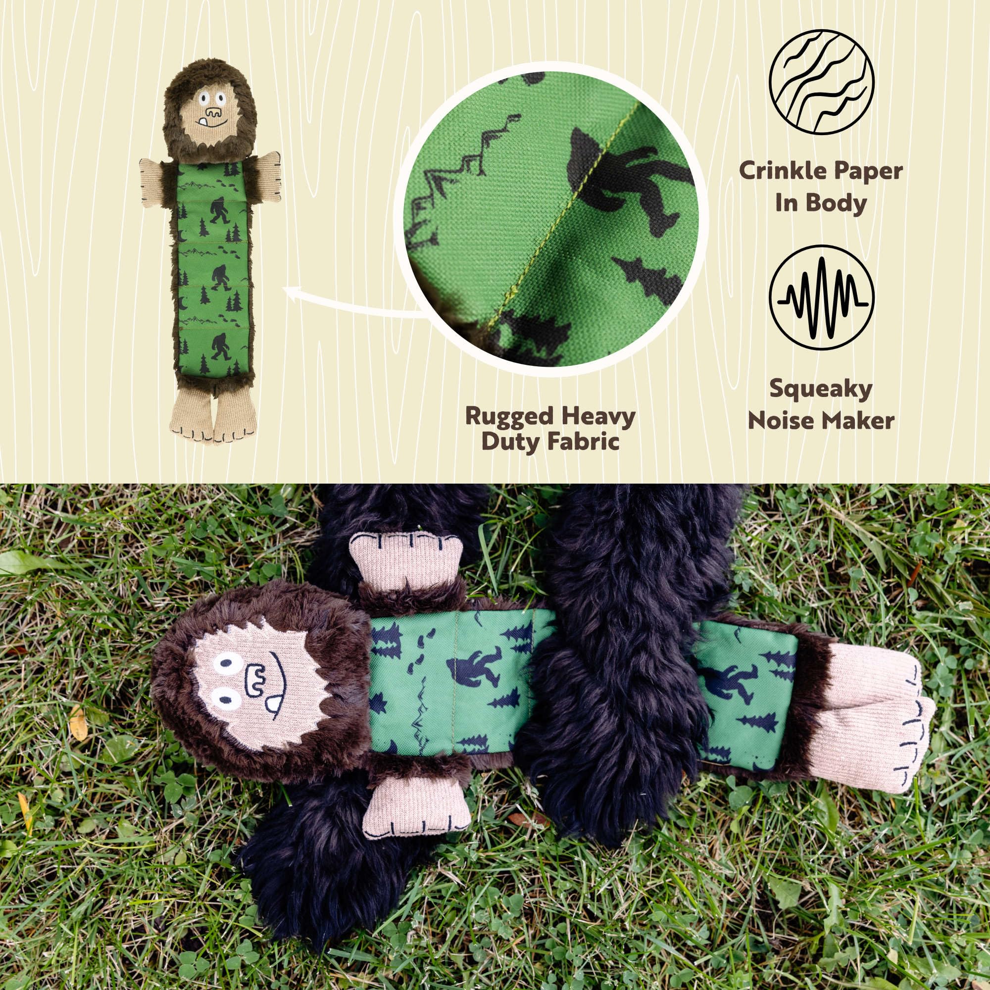 Lazy One Bigfoot - Juguete chirriante para perros, juguete suave y arrugado para perros, construcción resistente para masticadores pesados