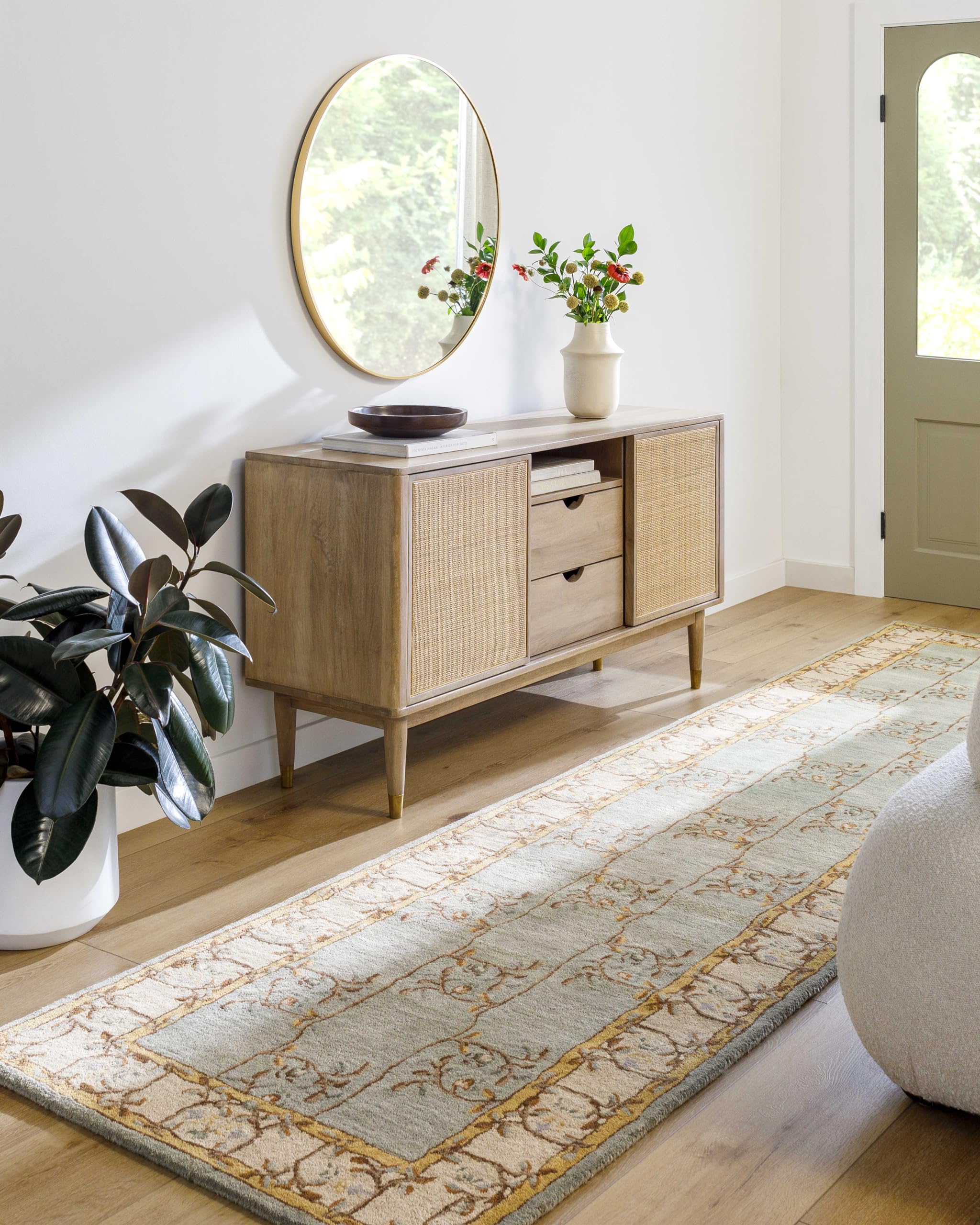 Mark&Day Wool Rugs, 3x12 Golden Traditional Sage Runner Area Rug, Green Yellow Beige Carpet for Hallway, Kitchen, Bedroom or Living Room (3' x 12' Runner)