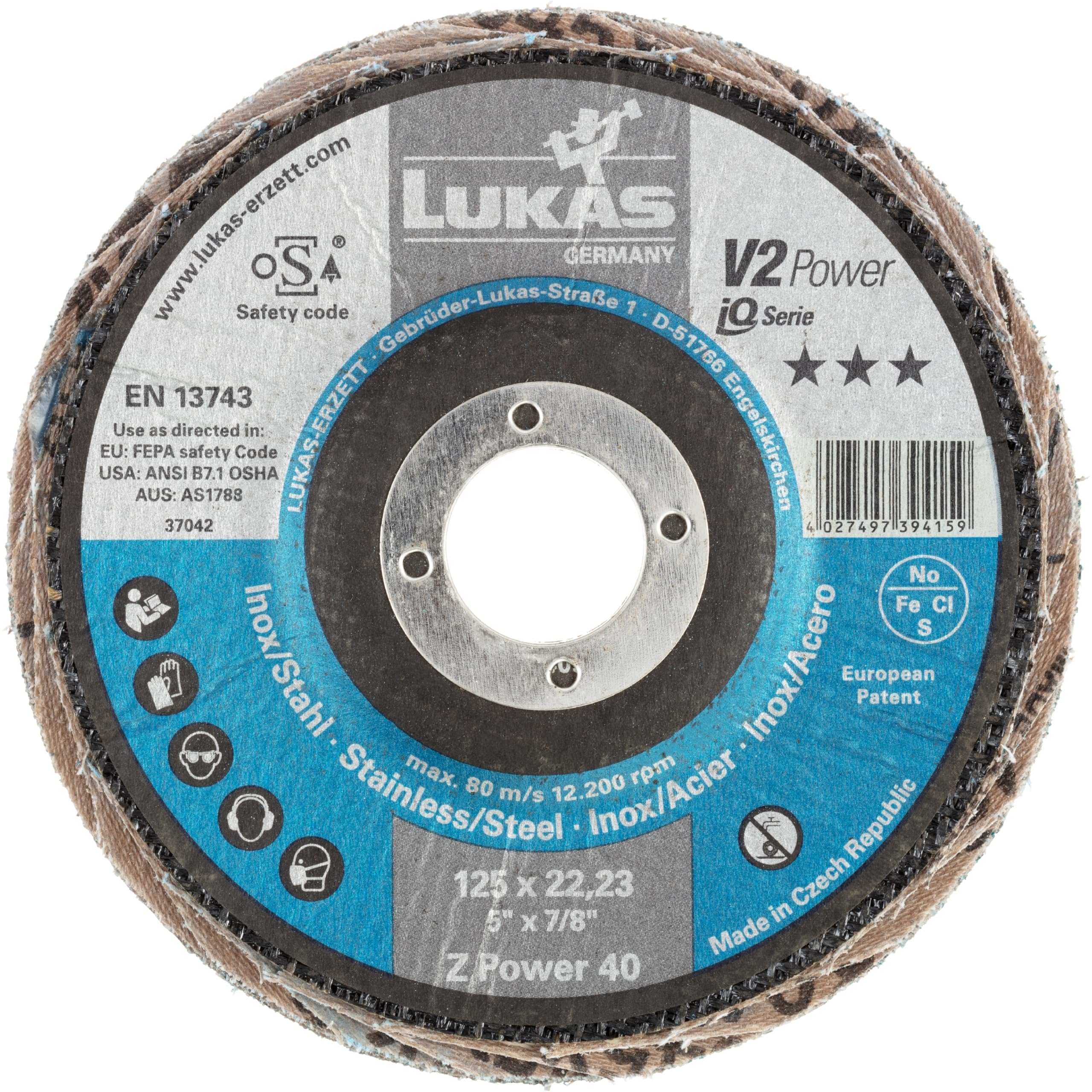 LUKAS-ERZETT V2 Power Lot de 10 disques à lamelles universels Ø 125 mm Corindon de zirconium (avec reliure à effet ponçant) grain 40 | Plat - 14 x 13 x 13 cm