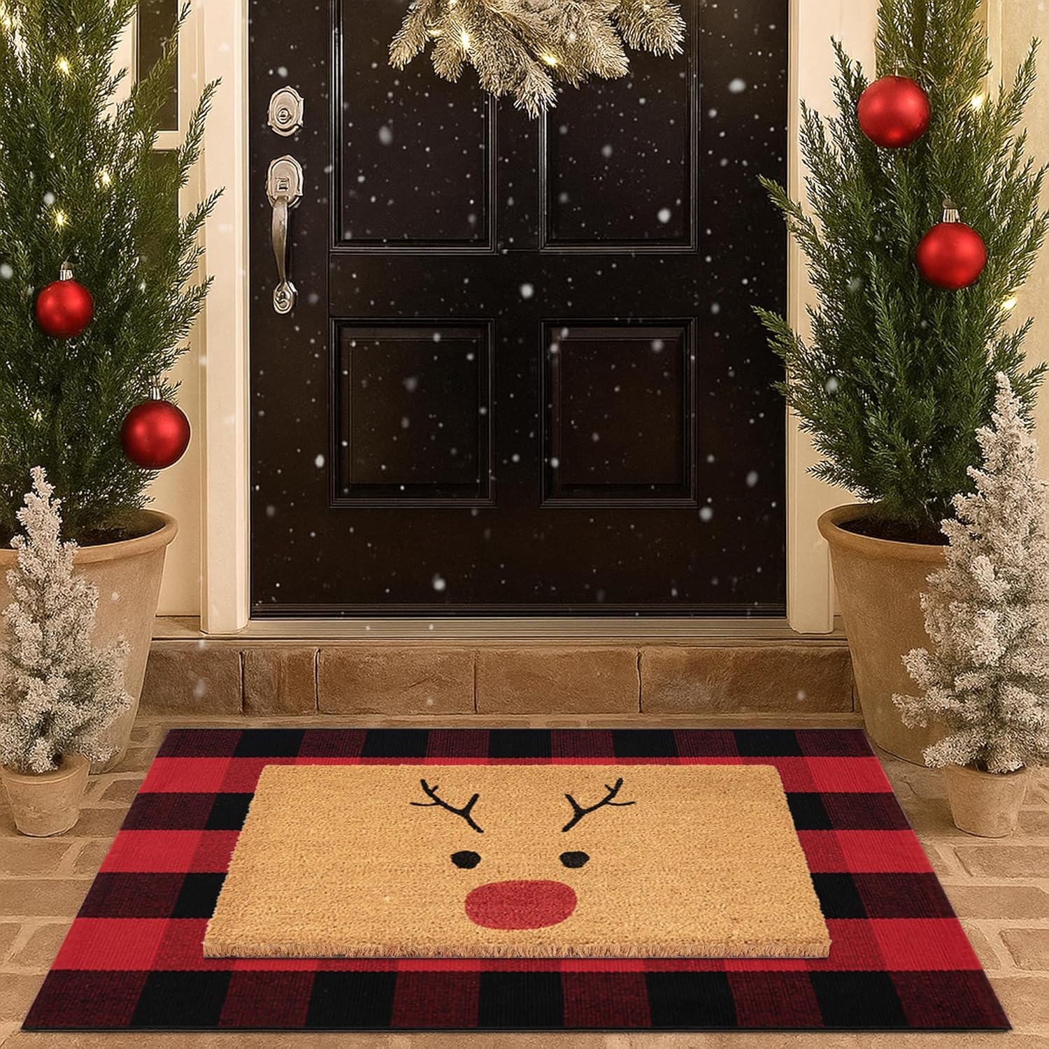Christmas Door Mat Combo Set, 100% Coco Coir Welcome Mat + 28 x 43 Inches Red and Black Plaid Rug - New Year Holiday Christmas Deer Collection Doormat for Front Porch Entryway Decor