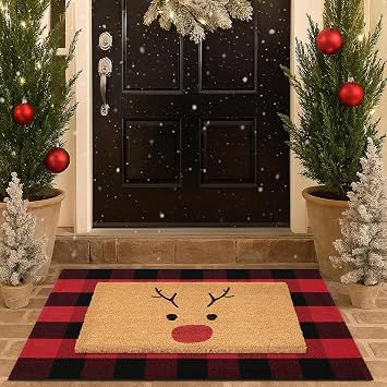 Christmas Door Mat Combo Set, 100% Coco Coir Welcome Mat + 28 x 43 Inches Red and Black Plaid Rug - New Year Holiday Christmas Deer Collection Doormat for Front Porch Entryway Decor