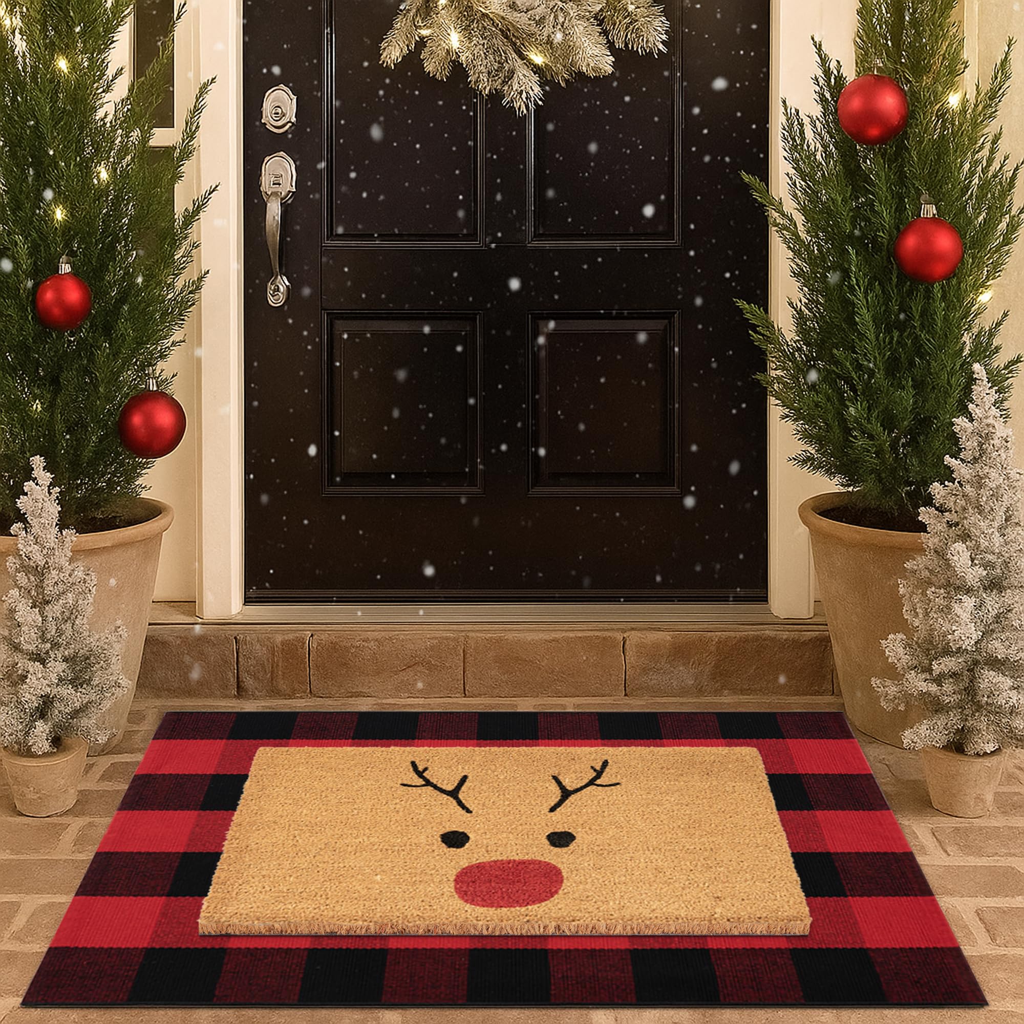 Juego combinado de felpudos de Navidad, tapete de bienvenida 100% fibra de coco + alfombra a cuadros rojos y negros de 3 x 5 pies, tapete de colección de ciervos de Navidad para decoración de entrada