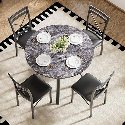Miniatura 6 de VECELO Juego de mesa de comedor de 5 piezas para 4 personas con sillas, mesa de mármol sintético, espacio pequeño, cocina, rincón de desayuno, color