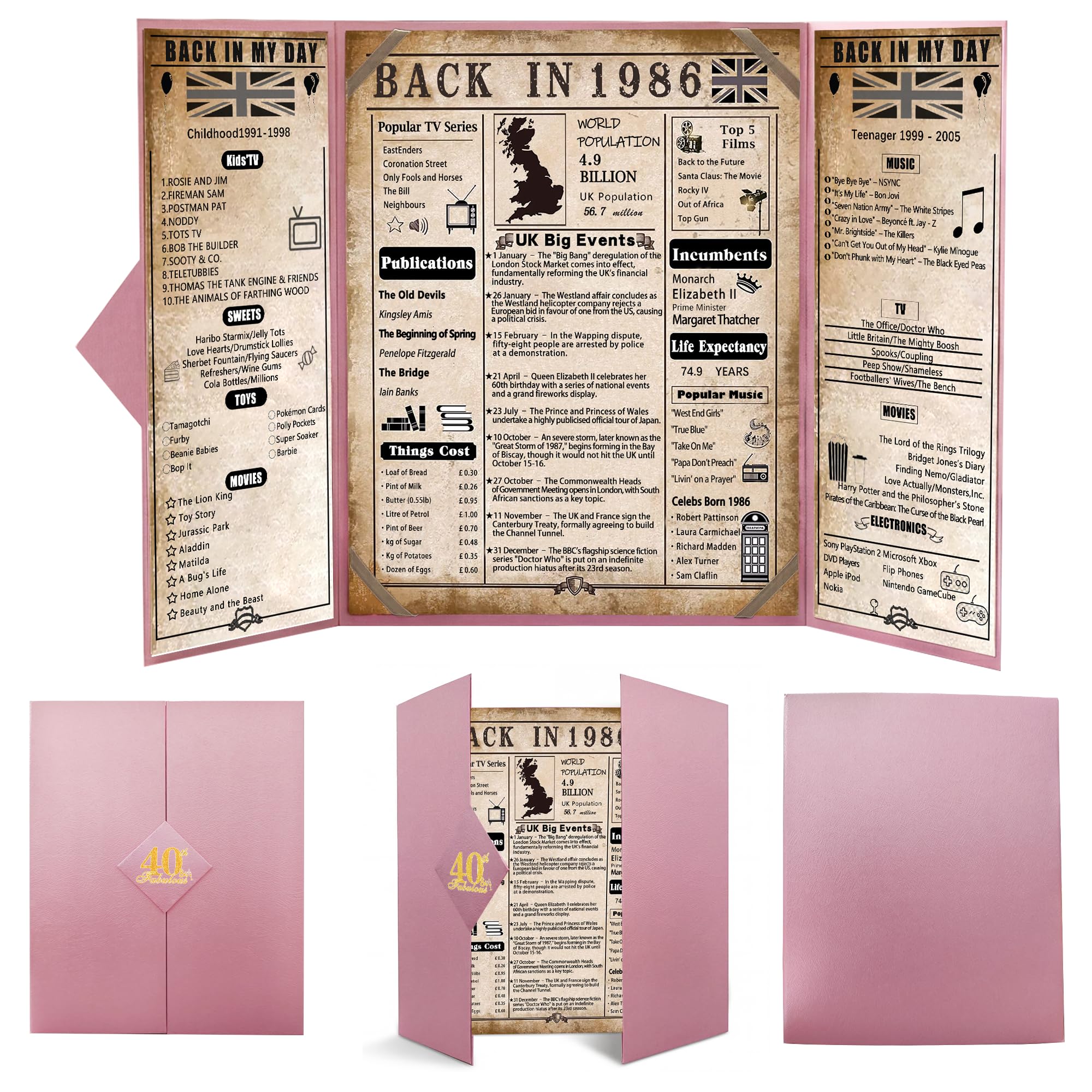 back in 1986 40th Birthday Gifts for Women - Large Trifold 40th Birthday Card & Table Centrepiece - Pink 40 Year birthday Decorations for Sister Friend - 1986 Poster No Frame Needed