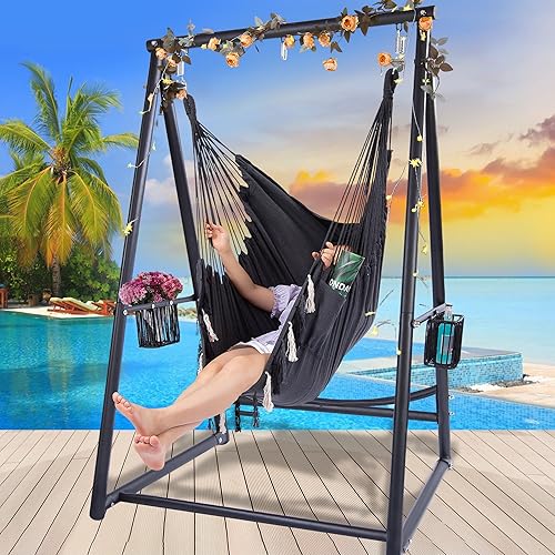 Juego de silla hamaca para colgar con cuerda y soporte con dos soportes, soporte colgante resistente con tres ganchos, multiusos para interiores y