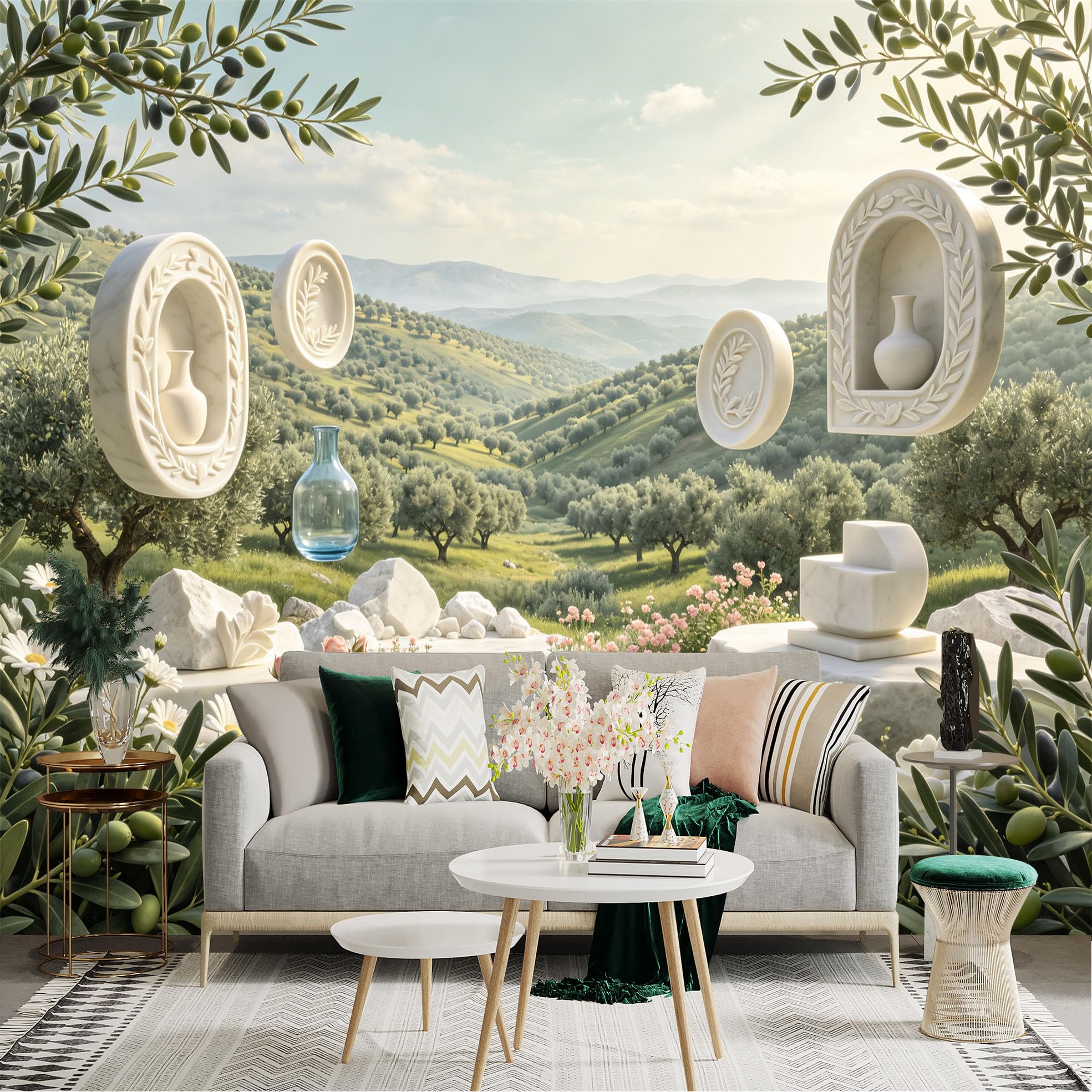 Lnzczhyre Bh260719212 Custom Size Wall Sticker Mural， Mediterranean Olive Grove Landscape， White Marble Sculpture Decor， Aesthetic Flower Garden View， For Wall Decoration， Peelandstick Wall Decals.