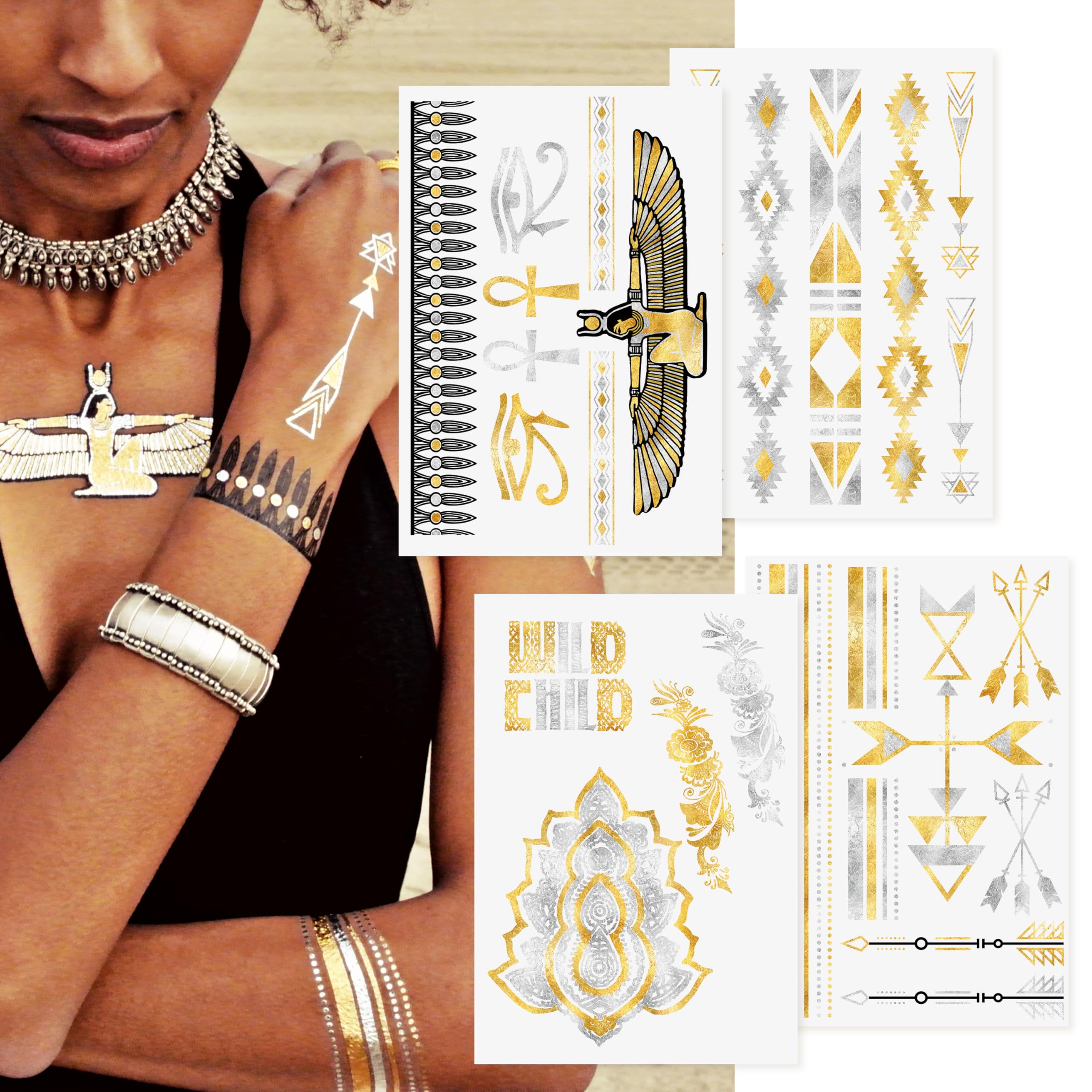 Flash Tattoos CHILD OF WILD Authentic Metallic Temporary Jewelry Tattoos 4 Sheet Pack (Black/gold/silver) Includes over 27 assorted premium bohemian inspired waterproof tattoos